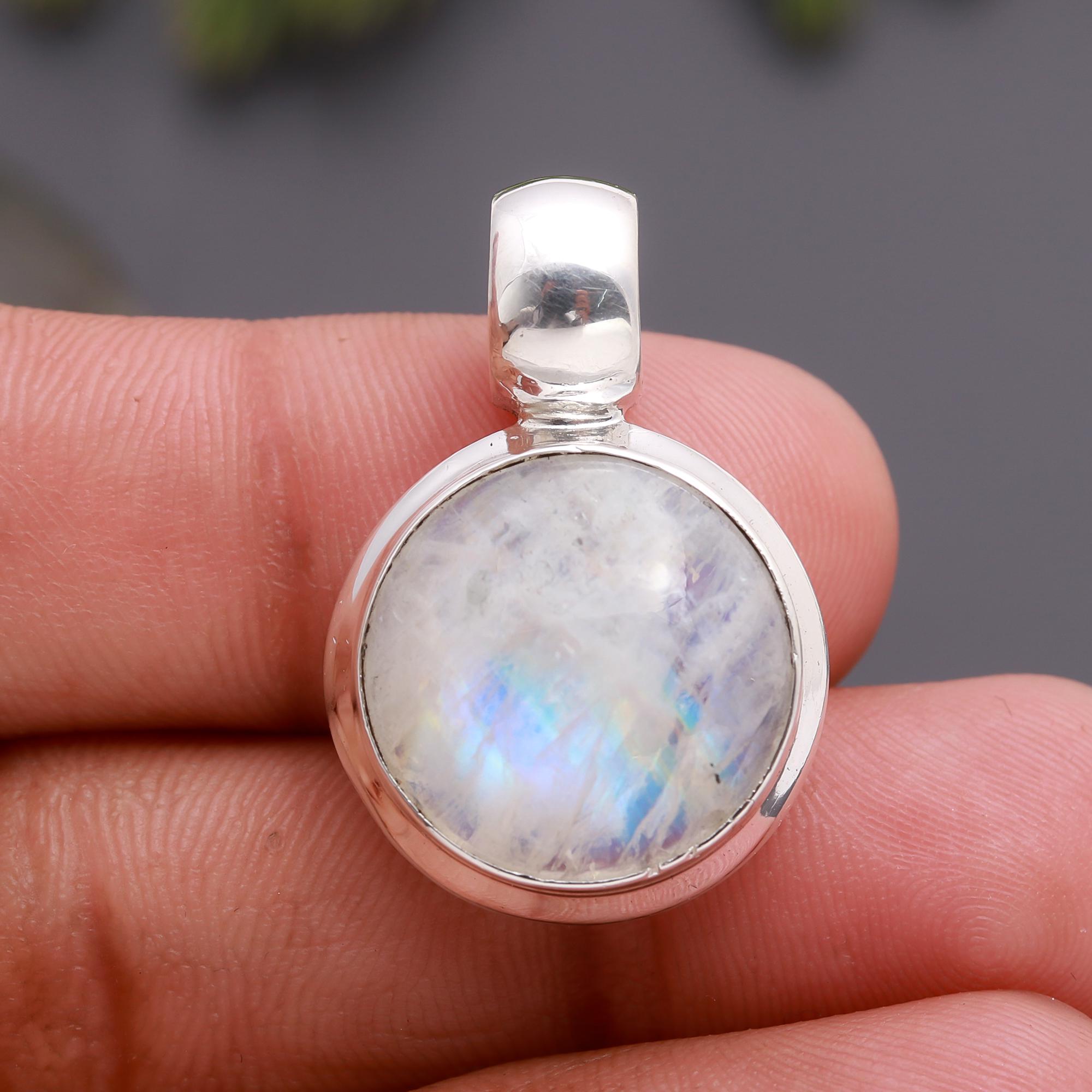 The Lunar Orb: Rainbow Moonstone Silver Solitaire Pendant