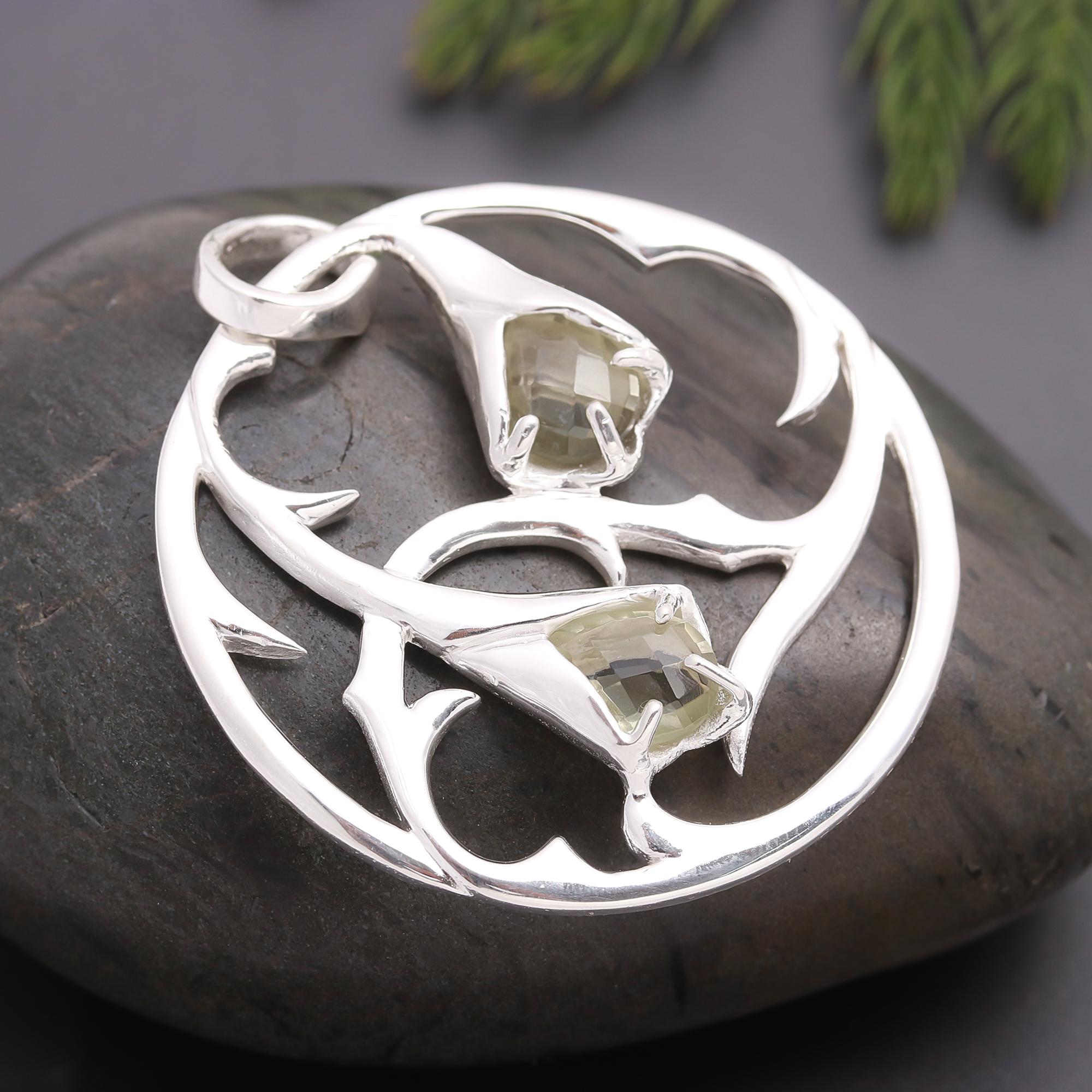 925 Silver Green Quartz Flower Vine Pendant