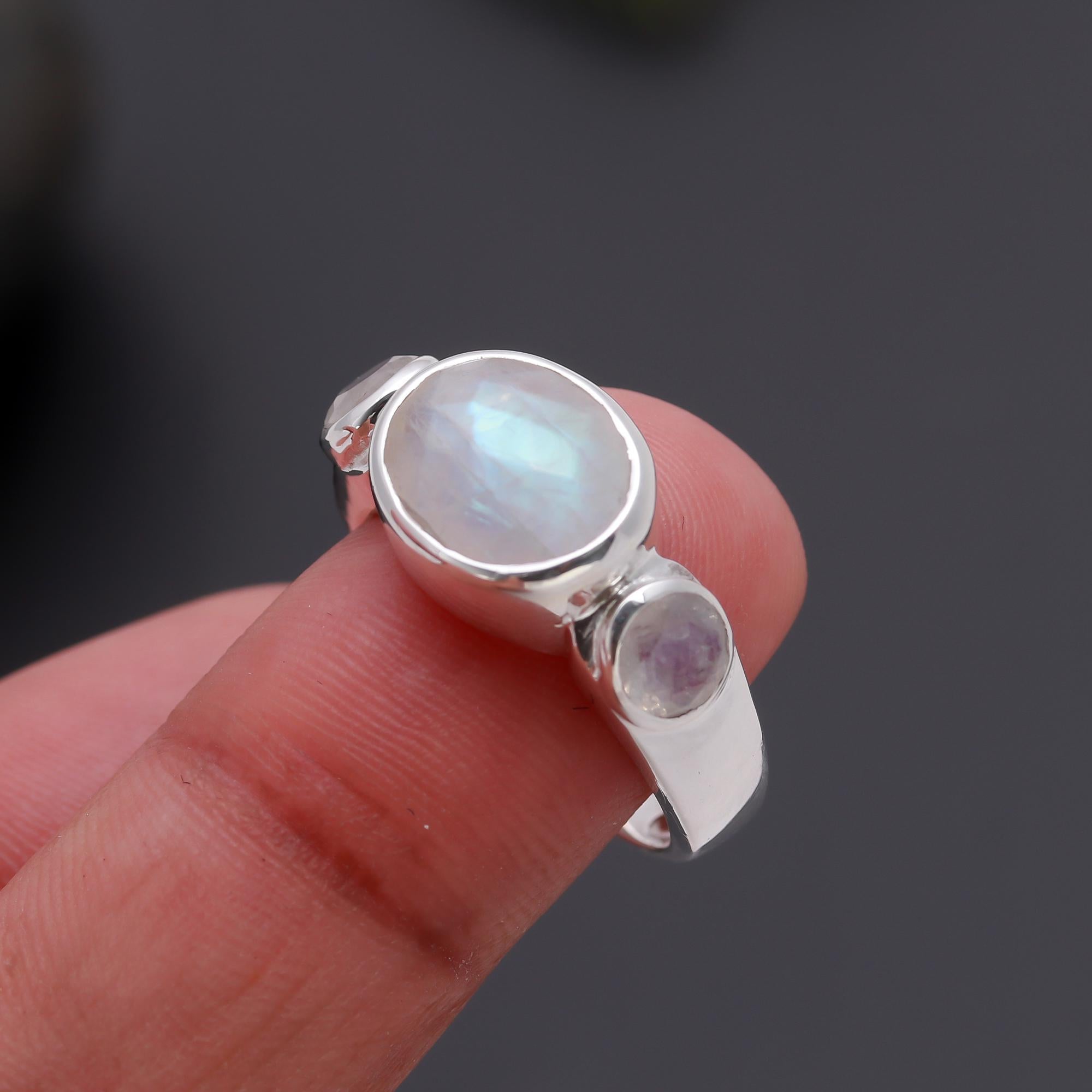 925 Silver Three Stone Moonstone Ring