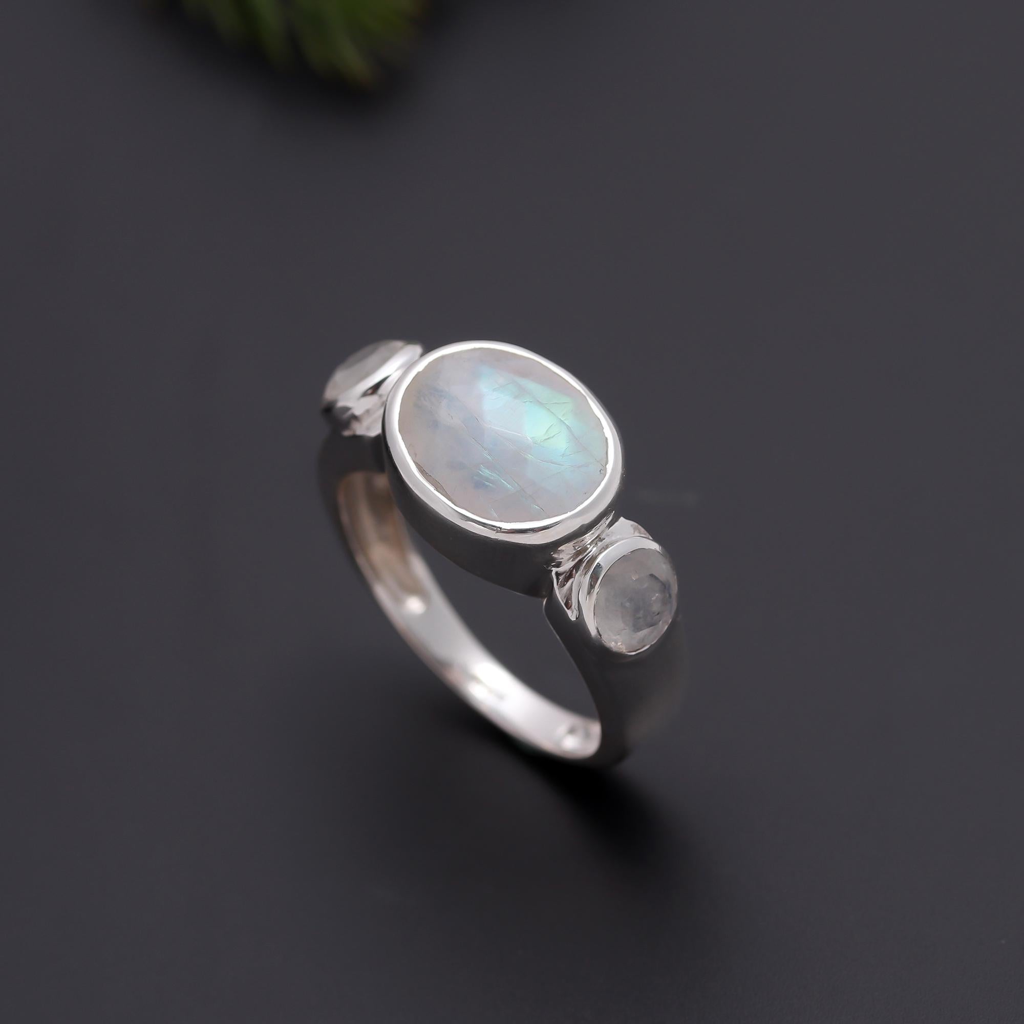 925 Silver Three Stone Moonstone Ring