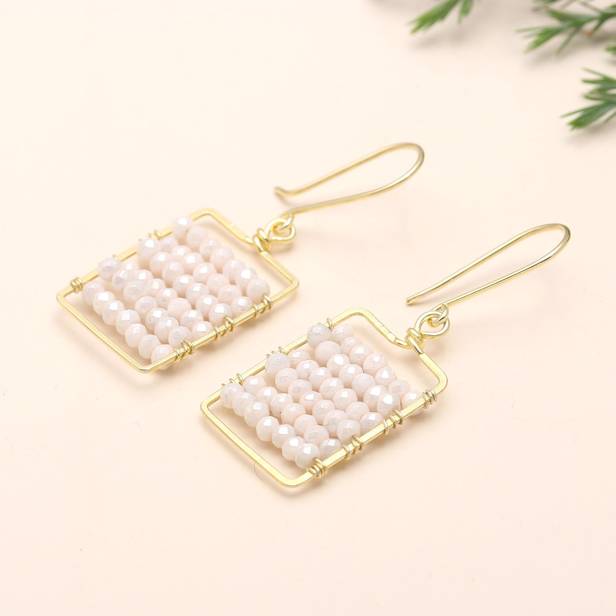 The Ivory Weave: Gold & White Beaded Geometric Earrings