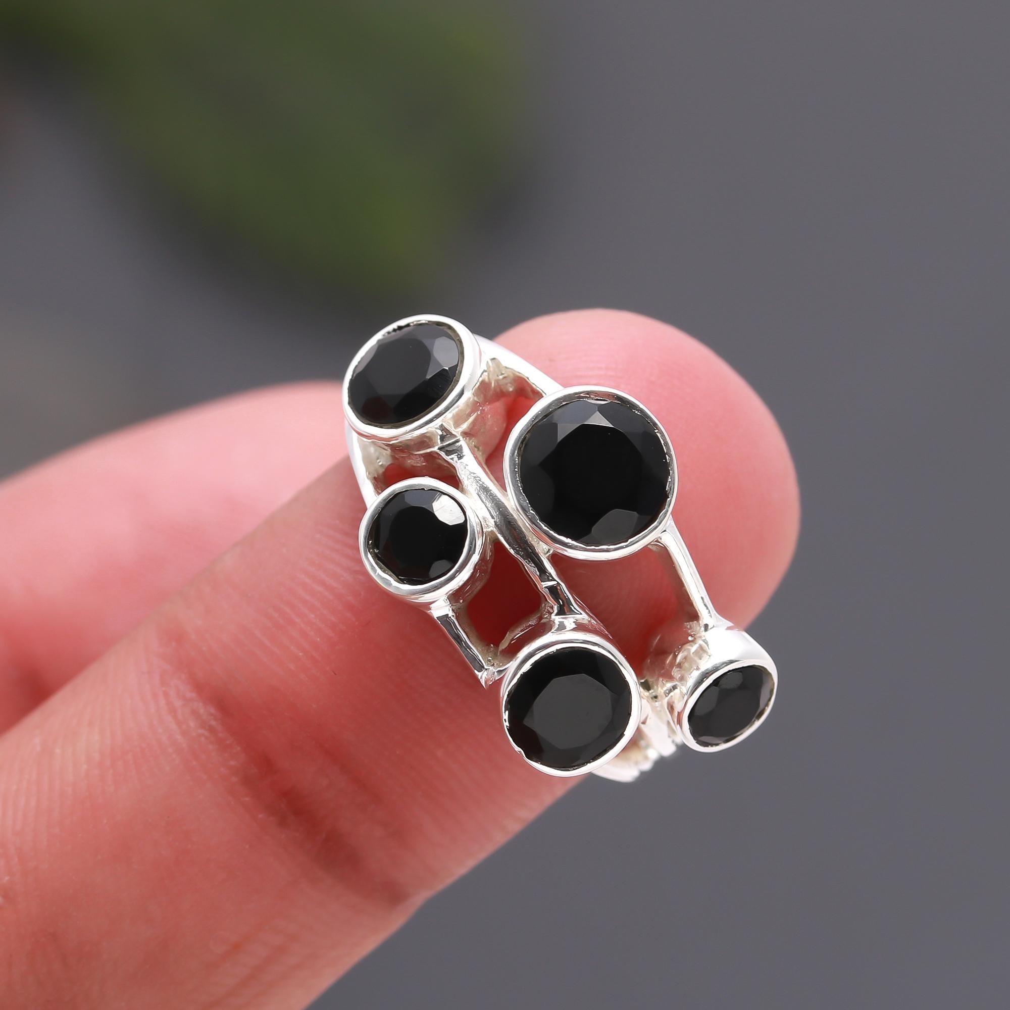 925 Silver Black Onyx Cluster Ring
