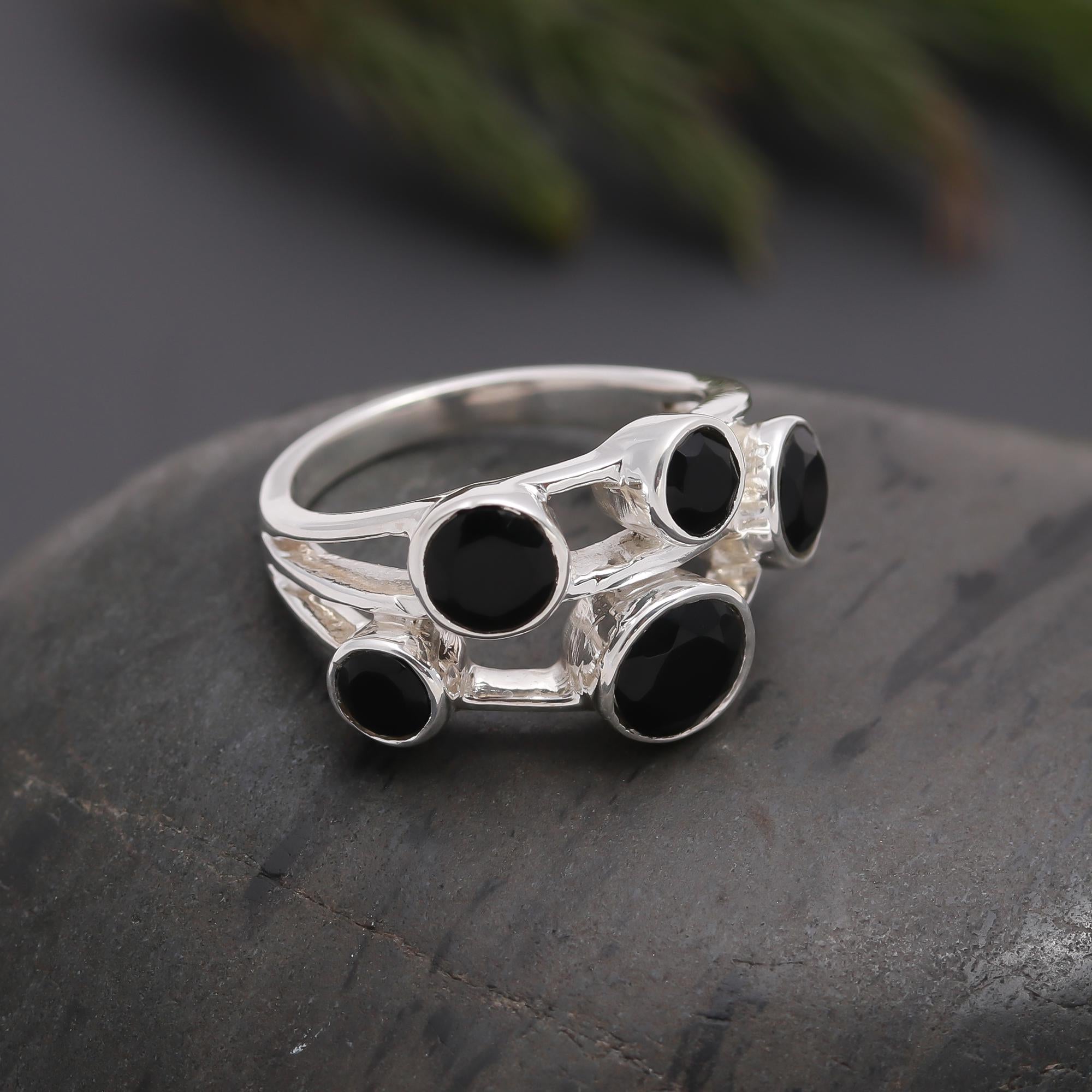 925 Silver Black Onyx Cluster Ring