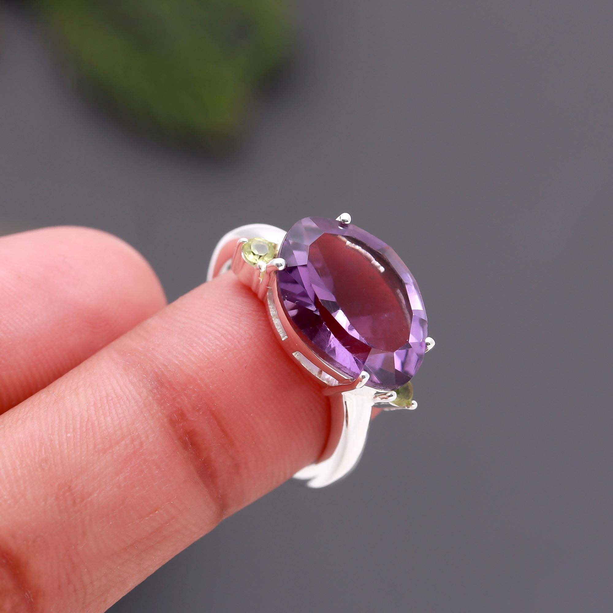 925 Silver Amethyst and Peridot Ring