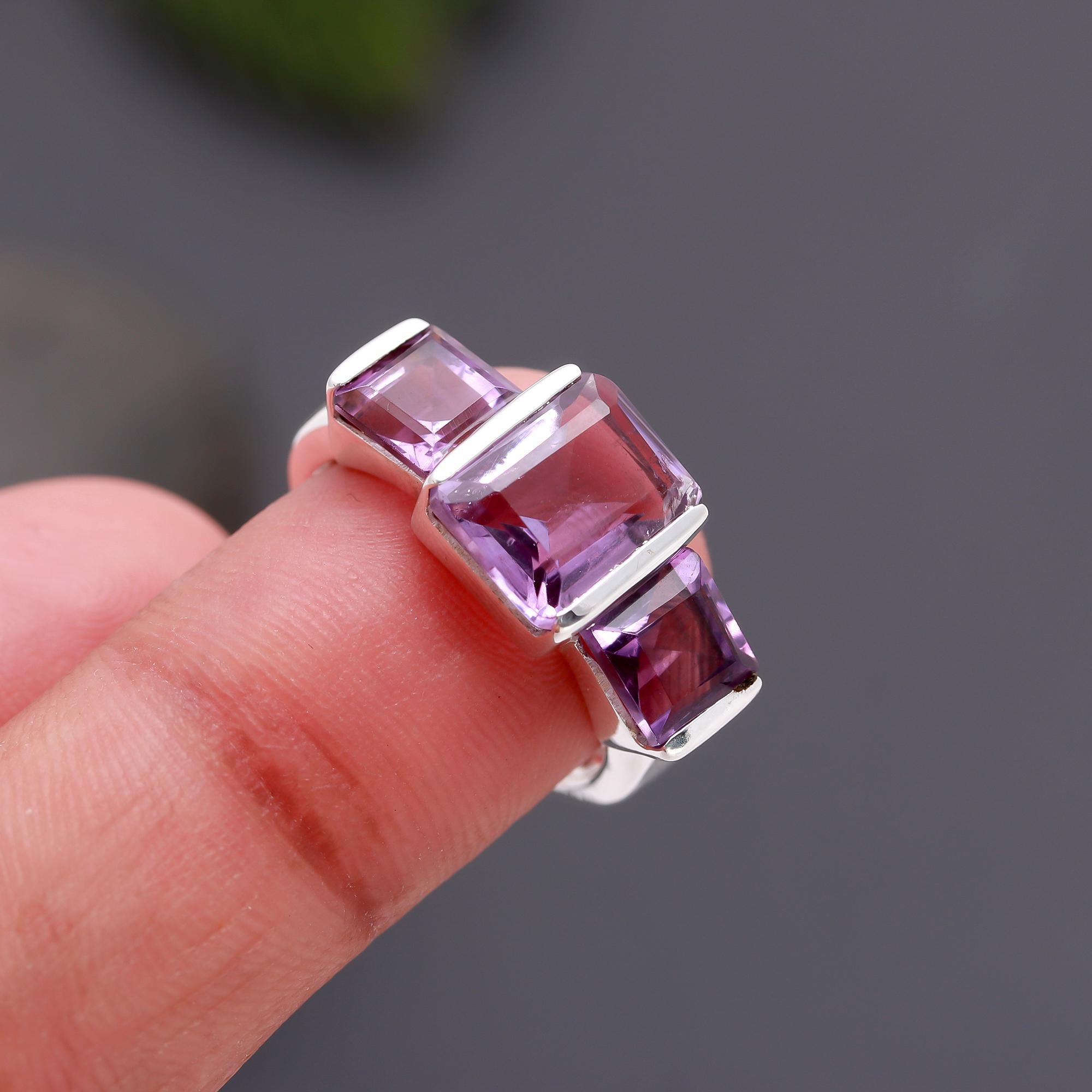 925 Silver Triple Amethyst Ring