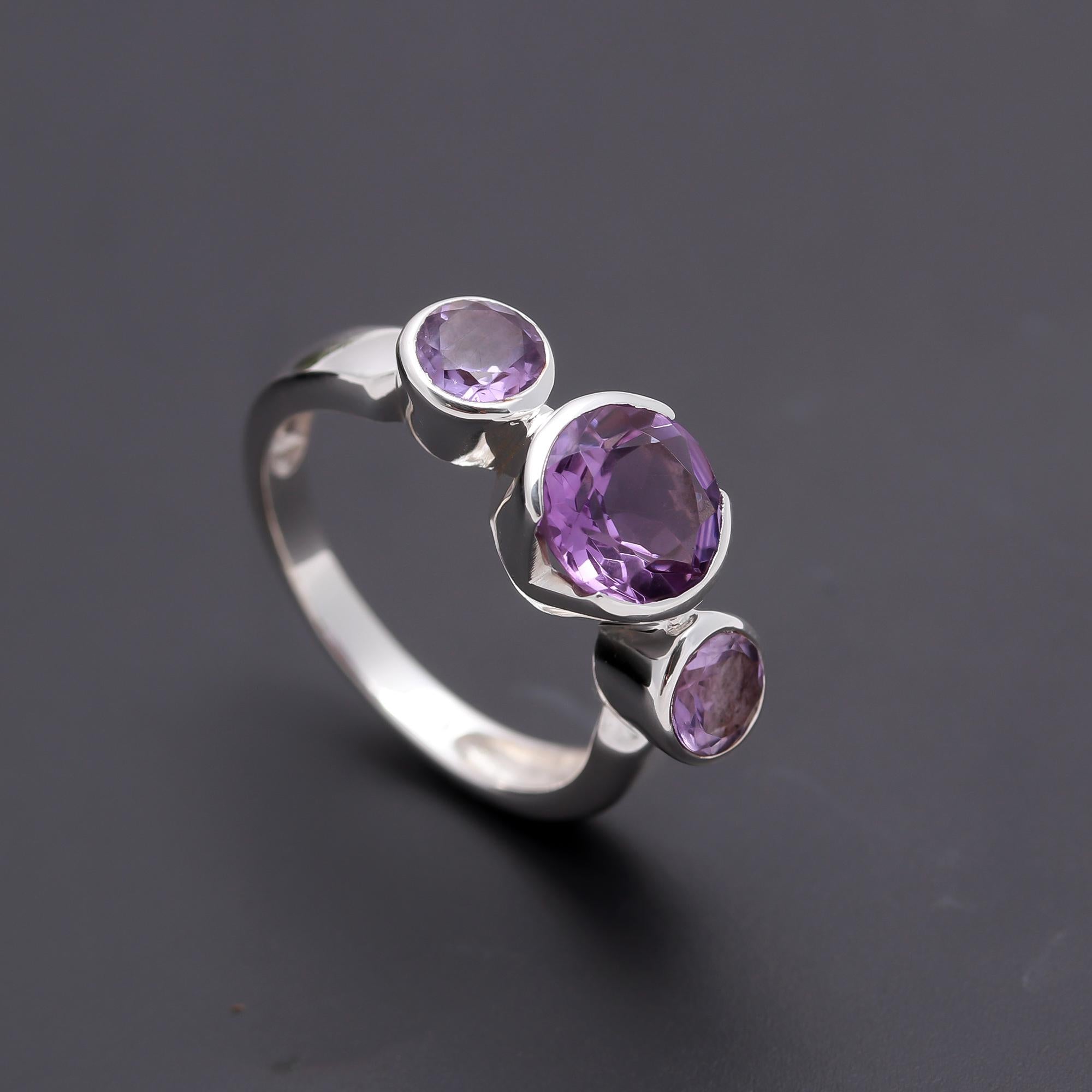 925 Silver Triple Amethyst Ring