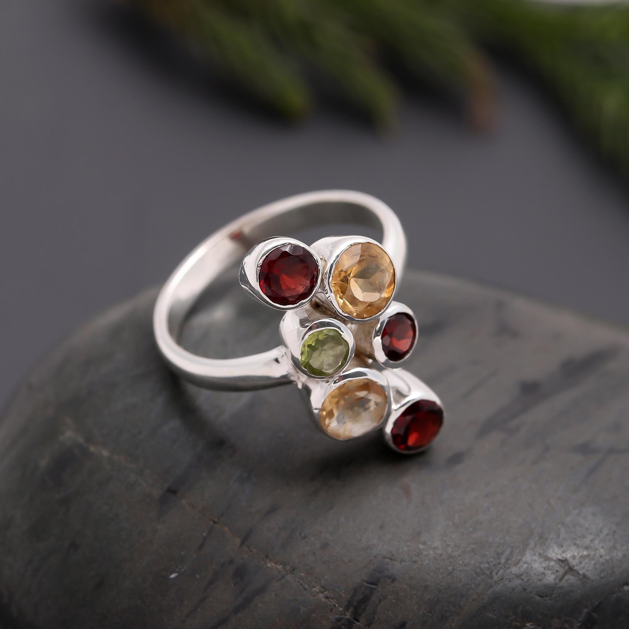 925 Silver Multi Gemstone Cluster Ring