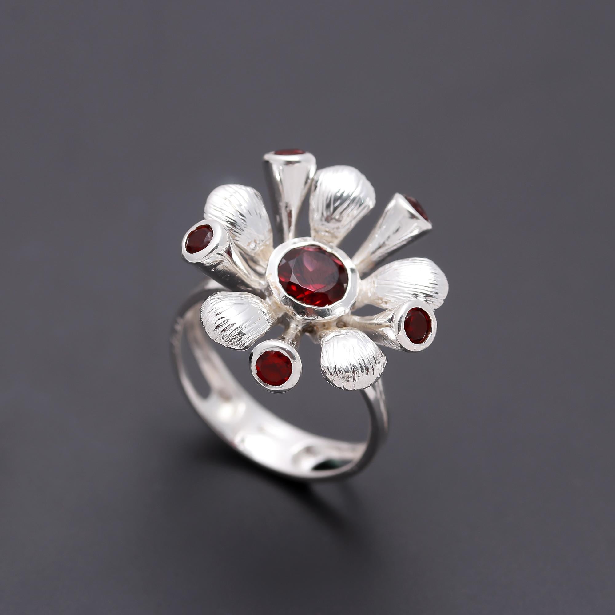 925 Silver Floral Garnet Ring