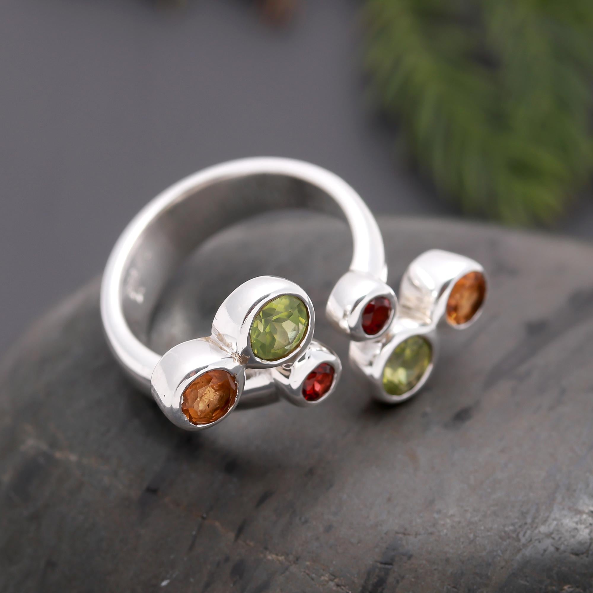 925 Silver Adjustable Peridot, Garnet & Citrine Ring