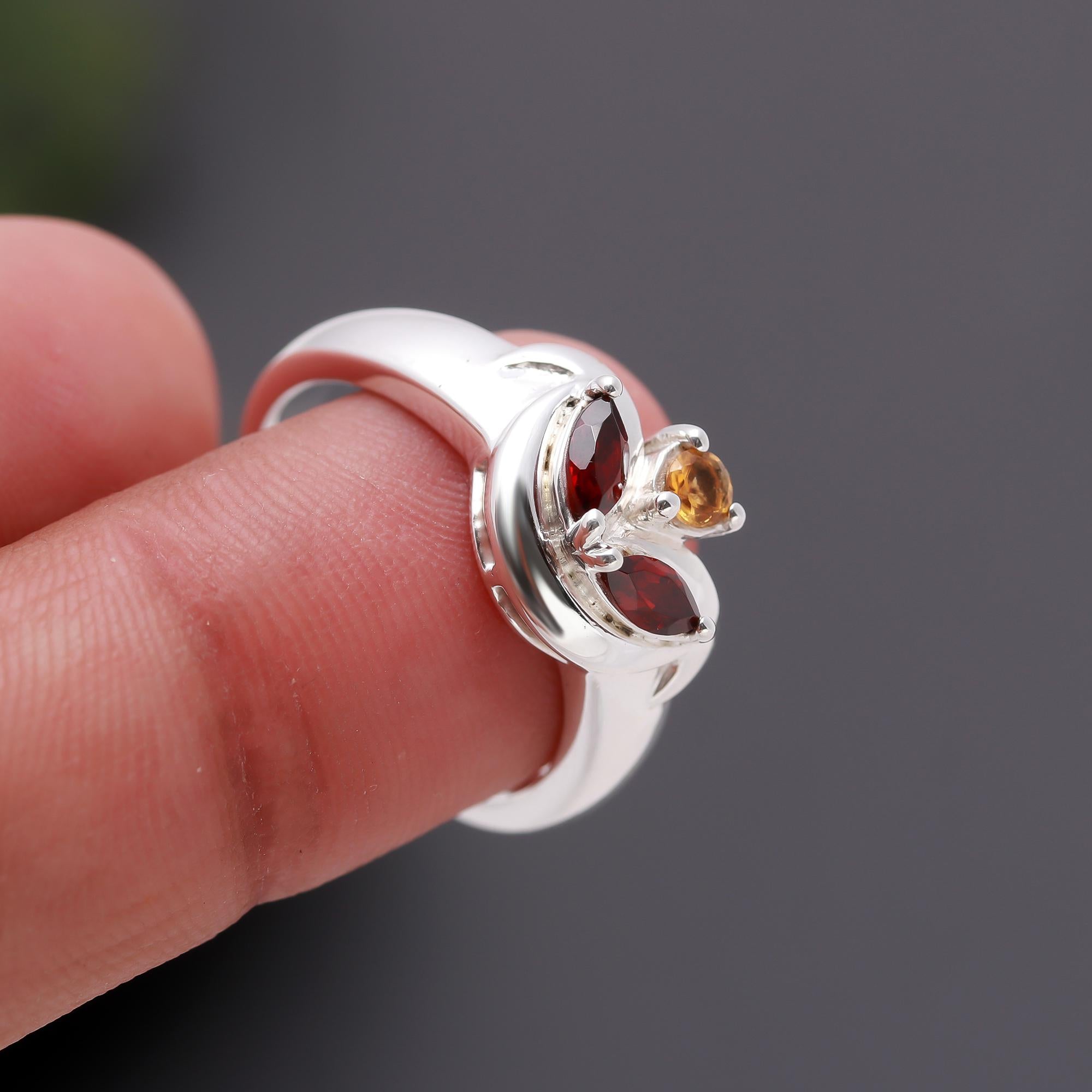 925 Silver Garnet & Citrine Ring