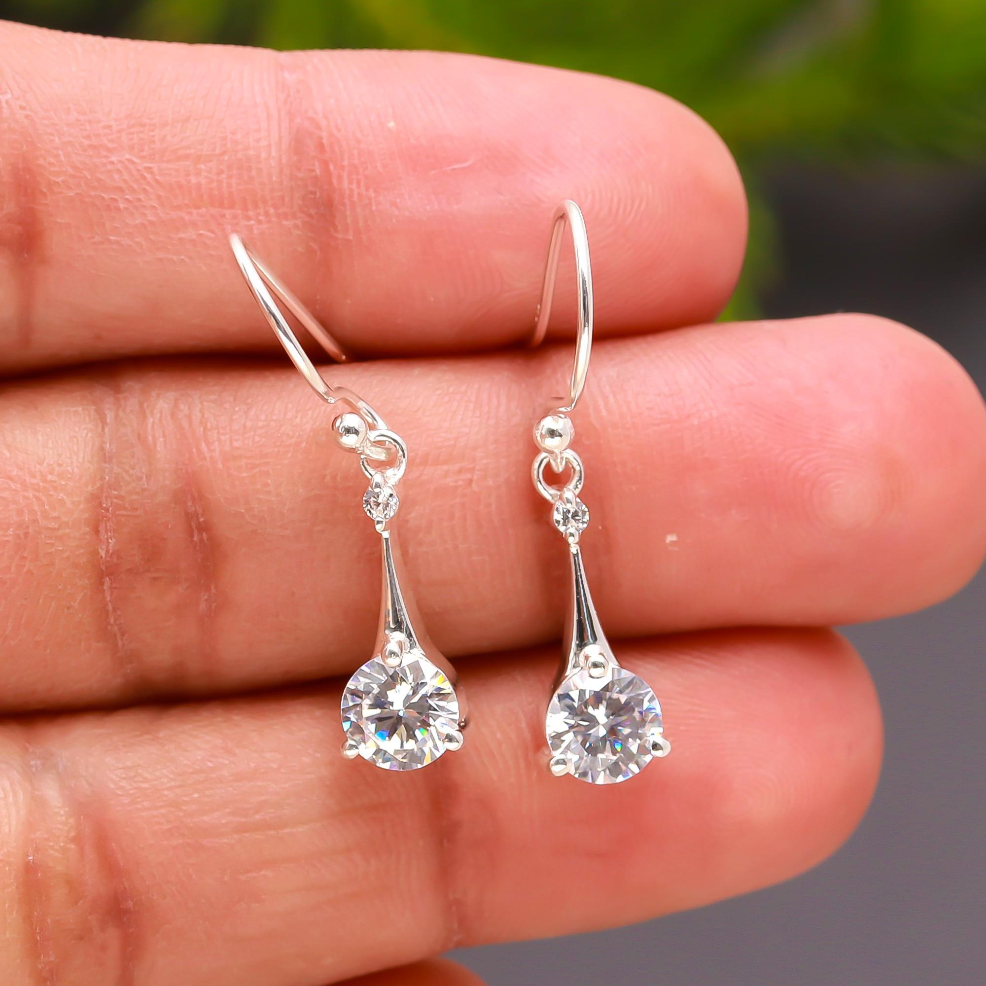 925 Silver Round CZ Drop Hook Earrings