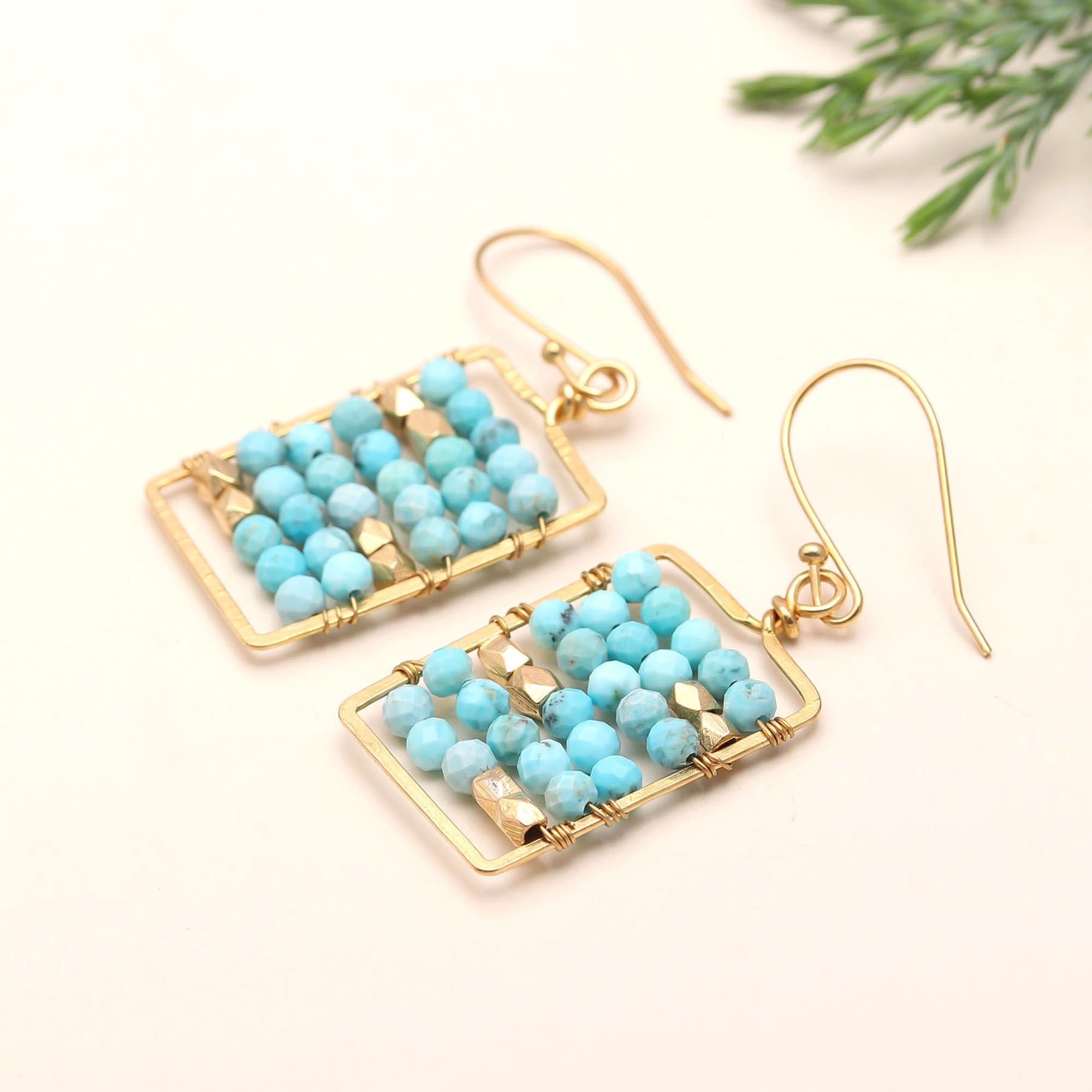 Turquoise Dangle Earrings with Abacus Drops Hypoallergenic Brass