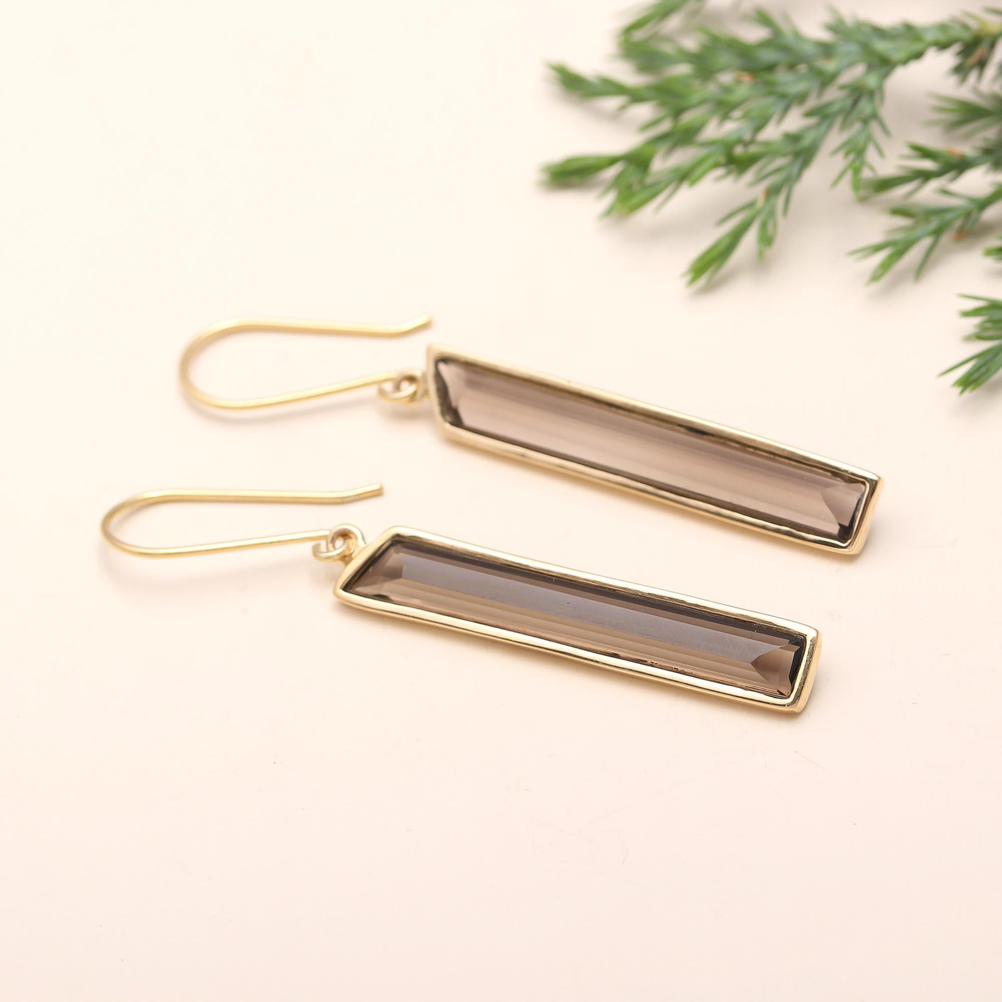 he Smoky Horizon: Rectangular Quartz Drop Earrings