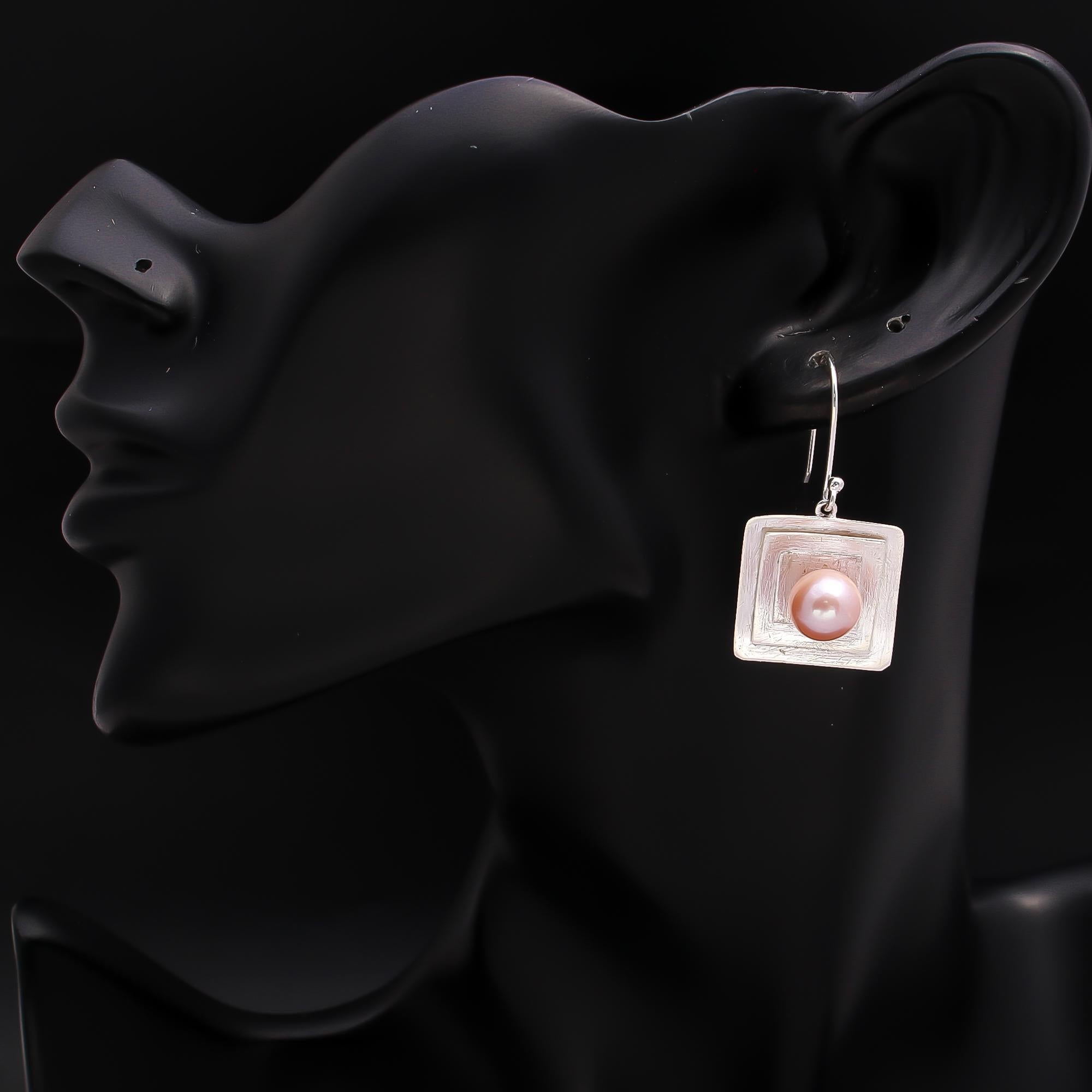 925 Silver Geometric Square Pearl Drop Earrings