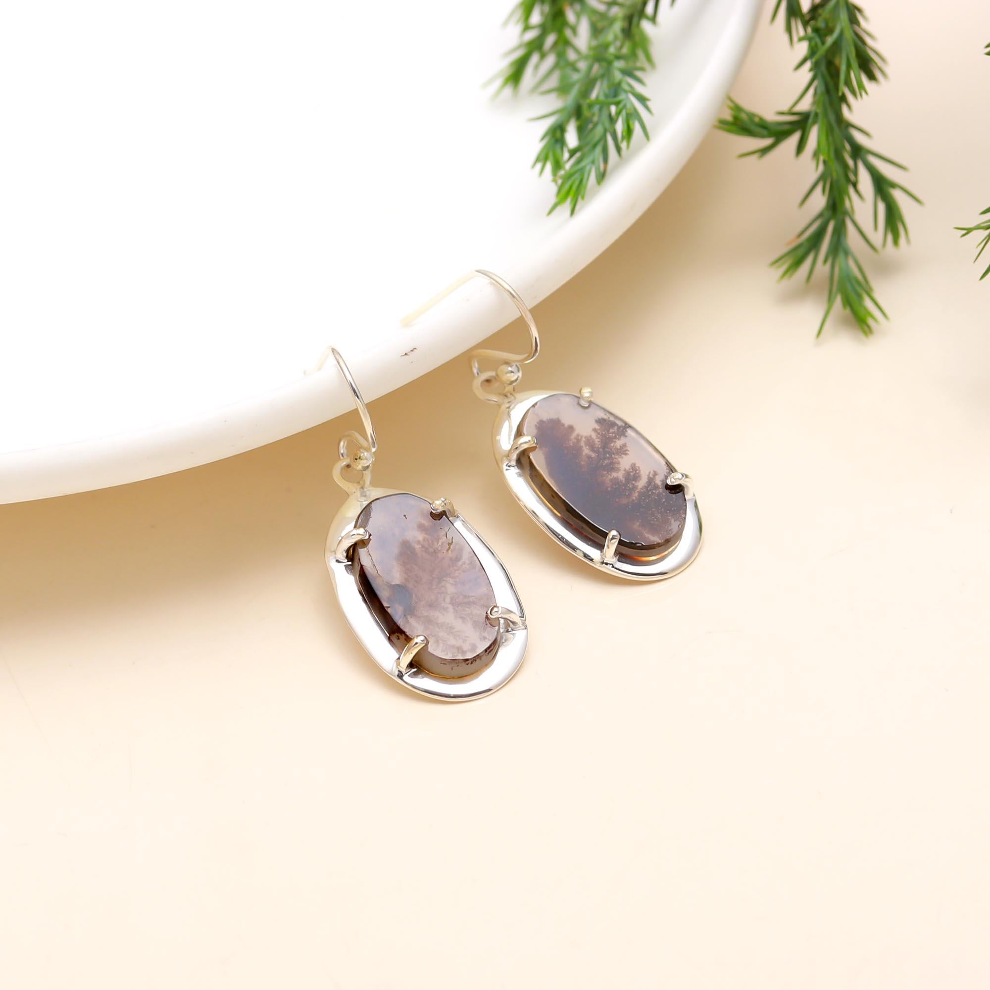 The Dendritic Mist: Scenic Agate Oval Earrings