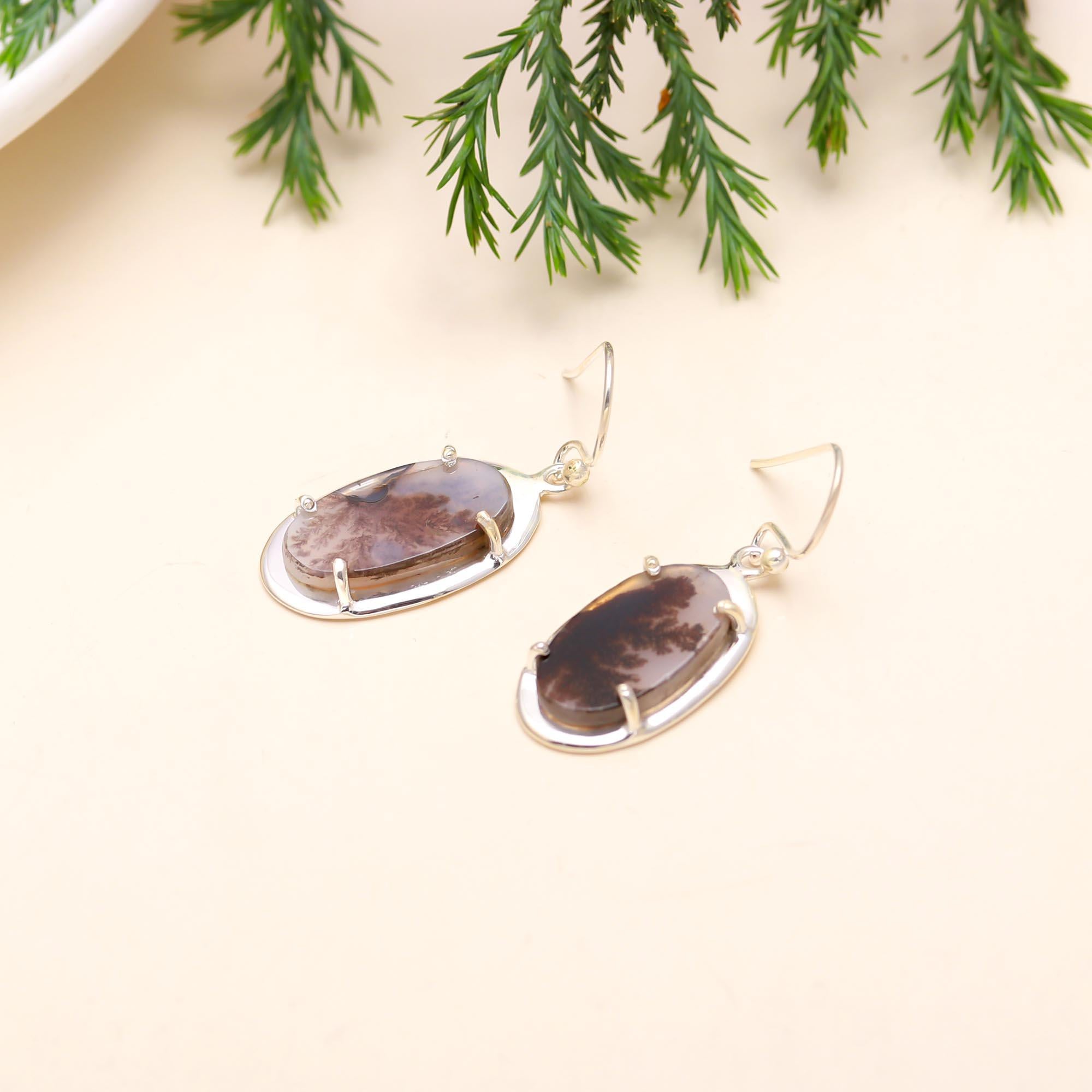 The Dendritic Mist: Scenic Agate Oval Earrings