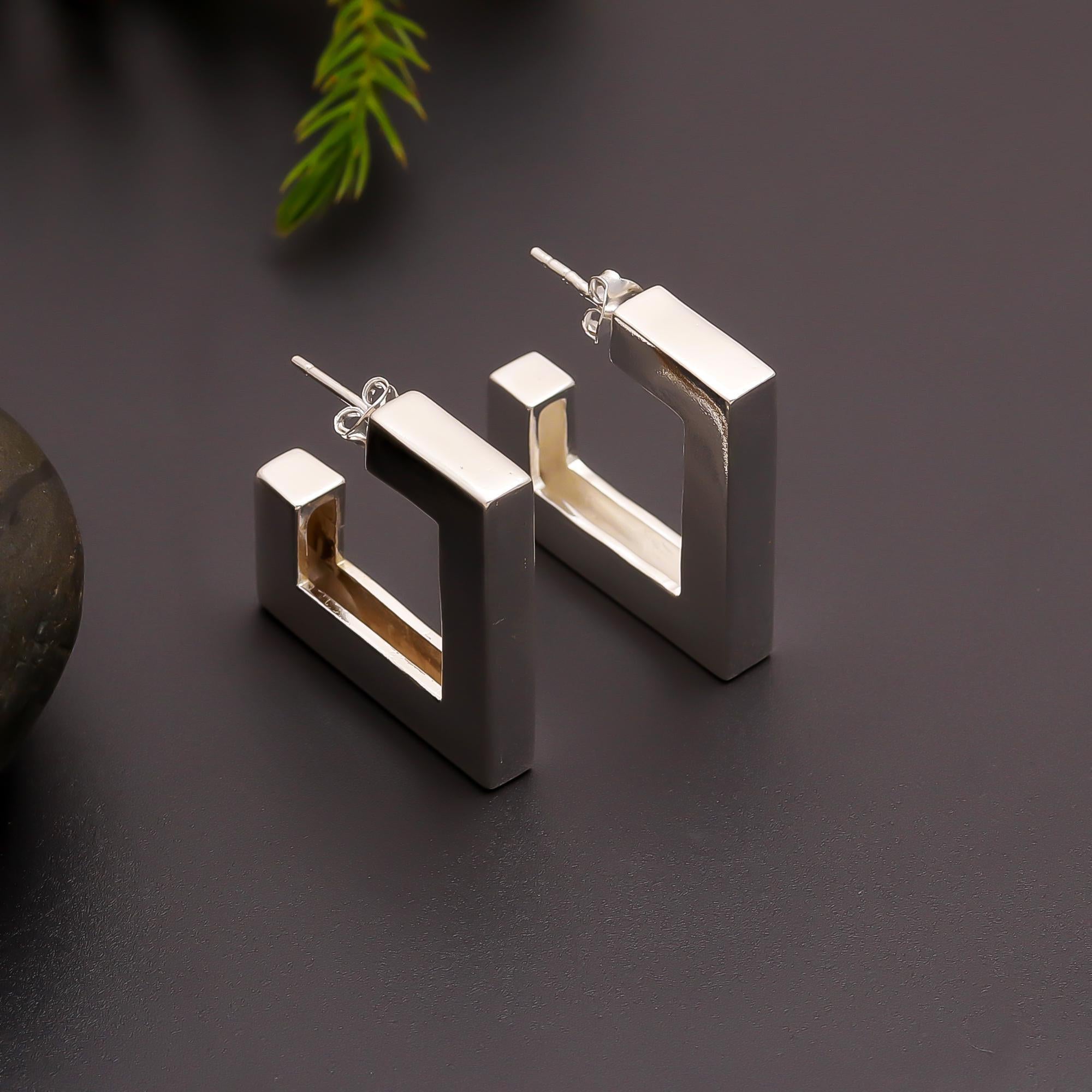 925 Silver Geometric Square Hoop Earrings