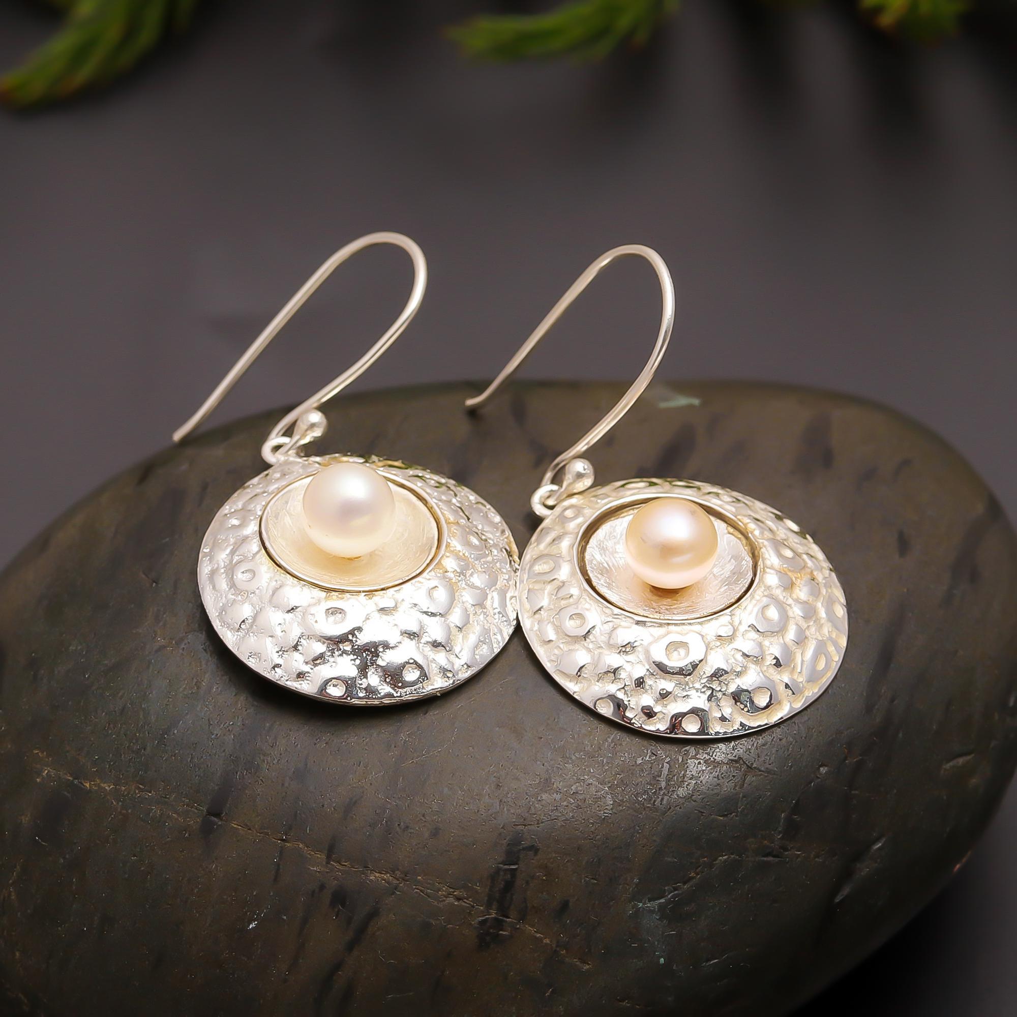 925 Silver Textured Disc Pearl Dangle Earrings