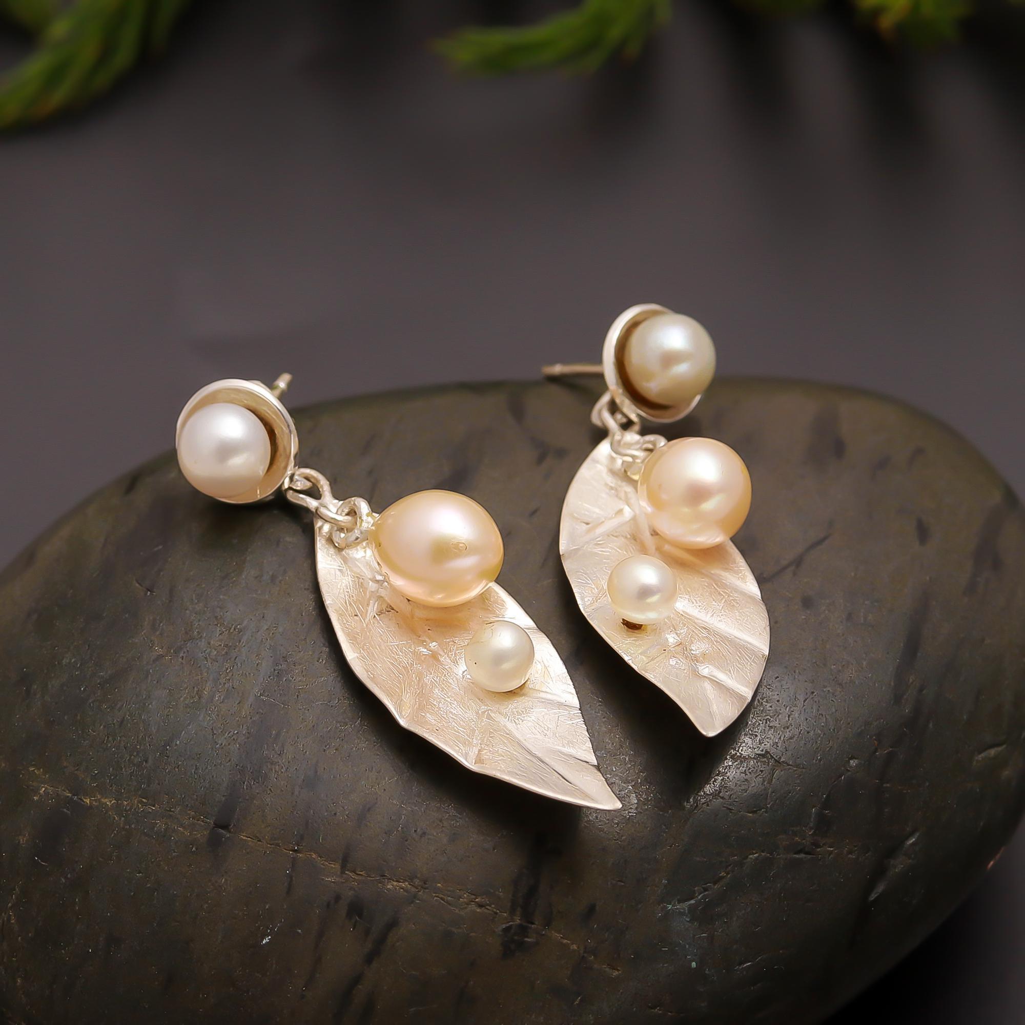 925 Silver Leaf Freshwater Pearl Earrings
