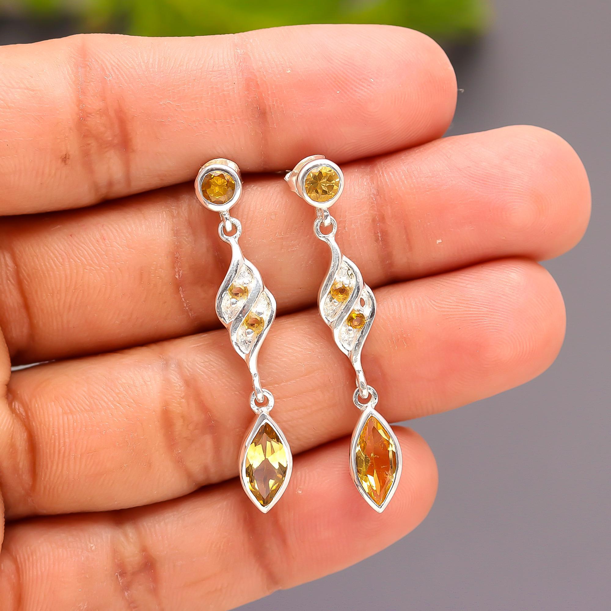 925 Silver Marquise-Cut Citrine Dangle Earrings