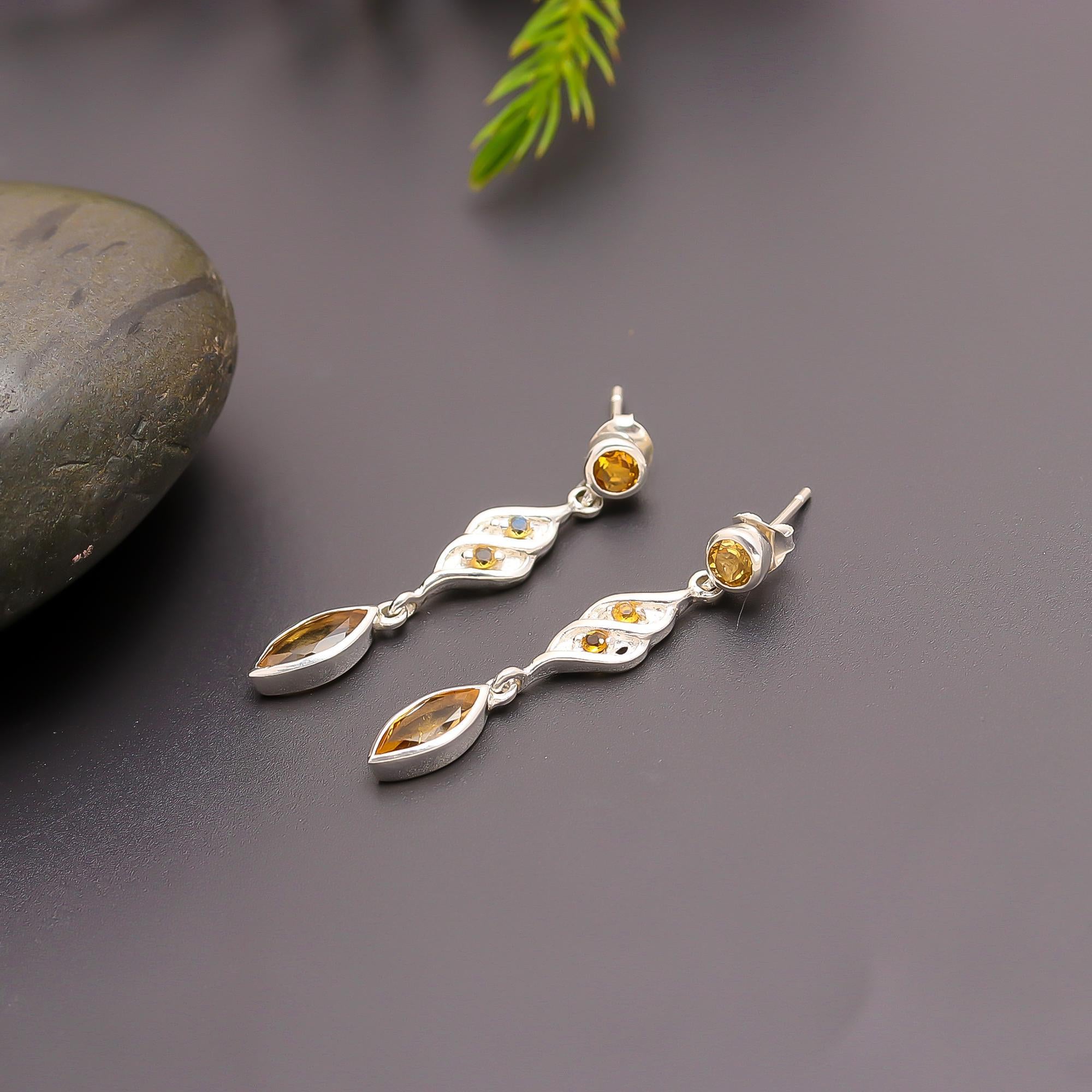 925 Silver Marquise-Cut Citrine Dangle Earrings