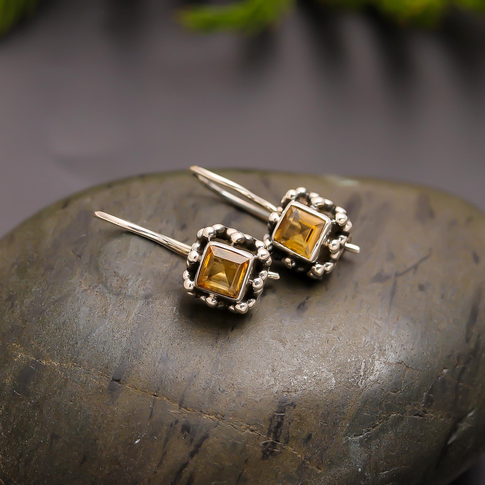 925 Silver Vintage Citrine Drop Earrings