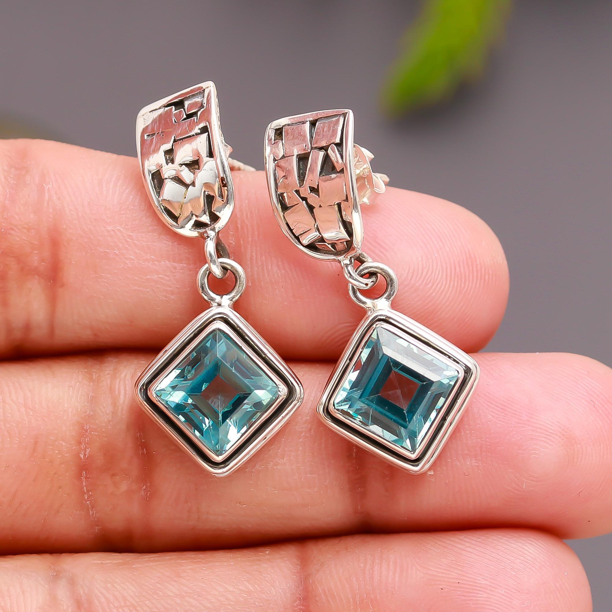 925 Silver Blue Topaz Drop Earrings