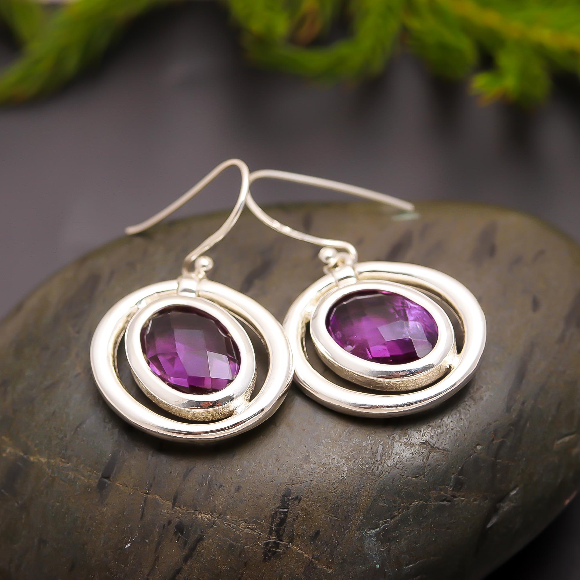 925 Silver Round Amethyst Drop Earrings