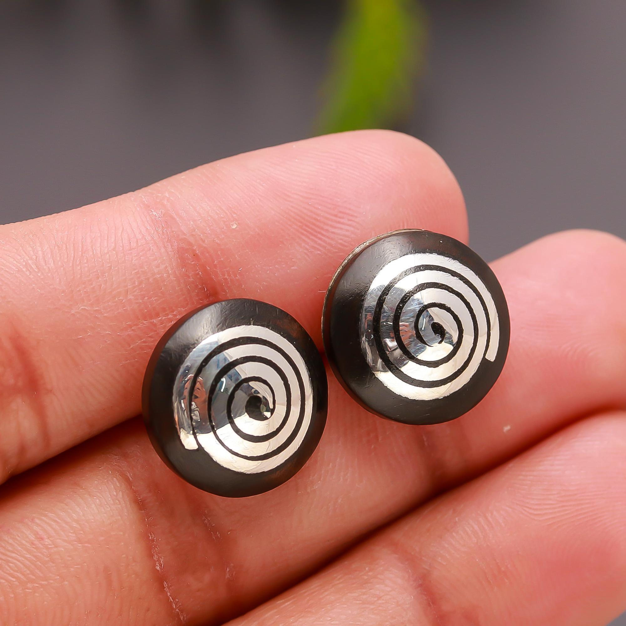 The Ancient Spiral: Wood & Silver Inlay Stud Earrings