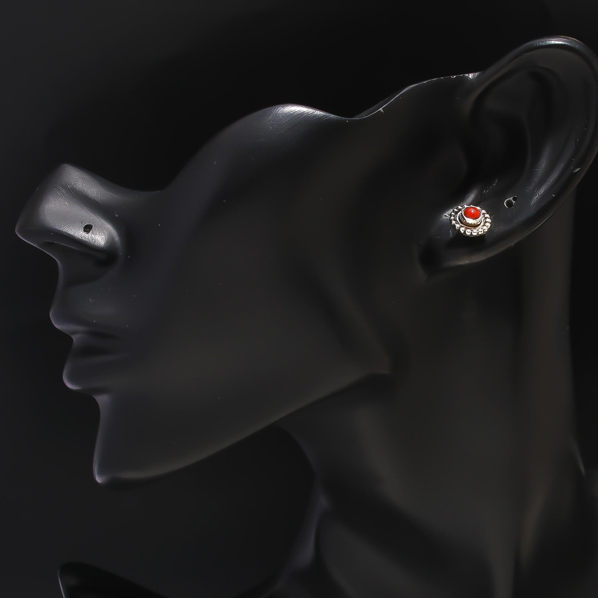 925 Silver Red Coral Beaded Border Stud Earrings