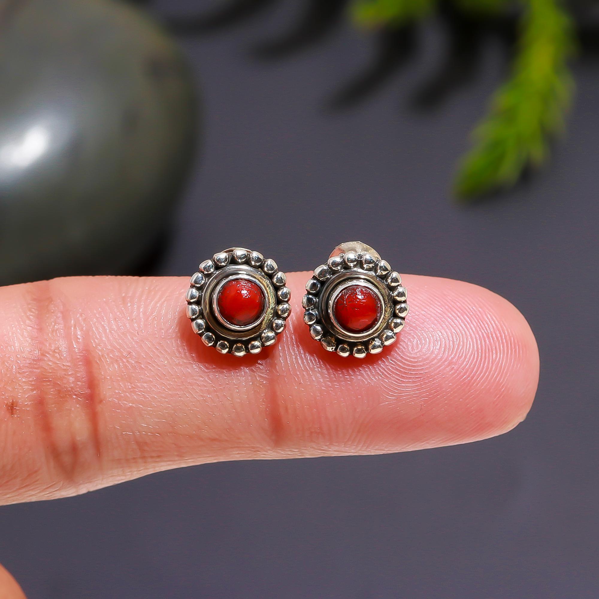 925 Silver Red Coral Beaded Border Stud Earrings