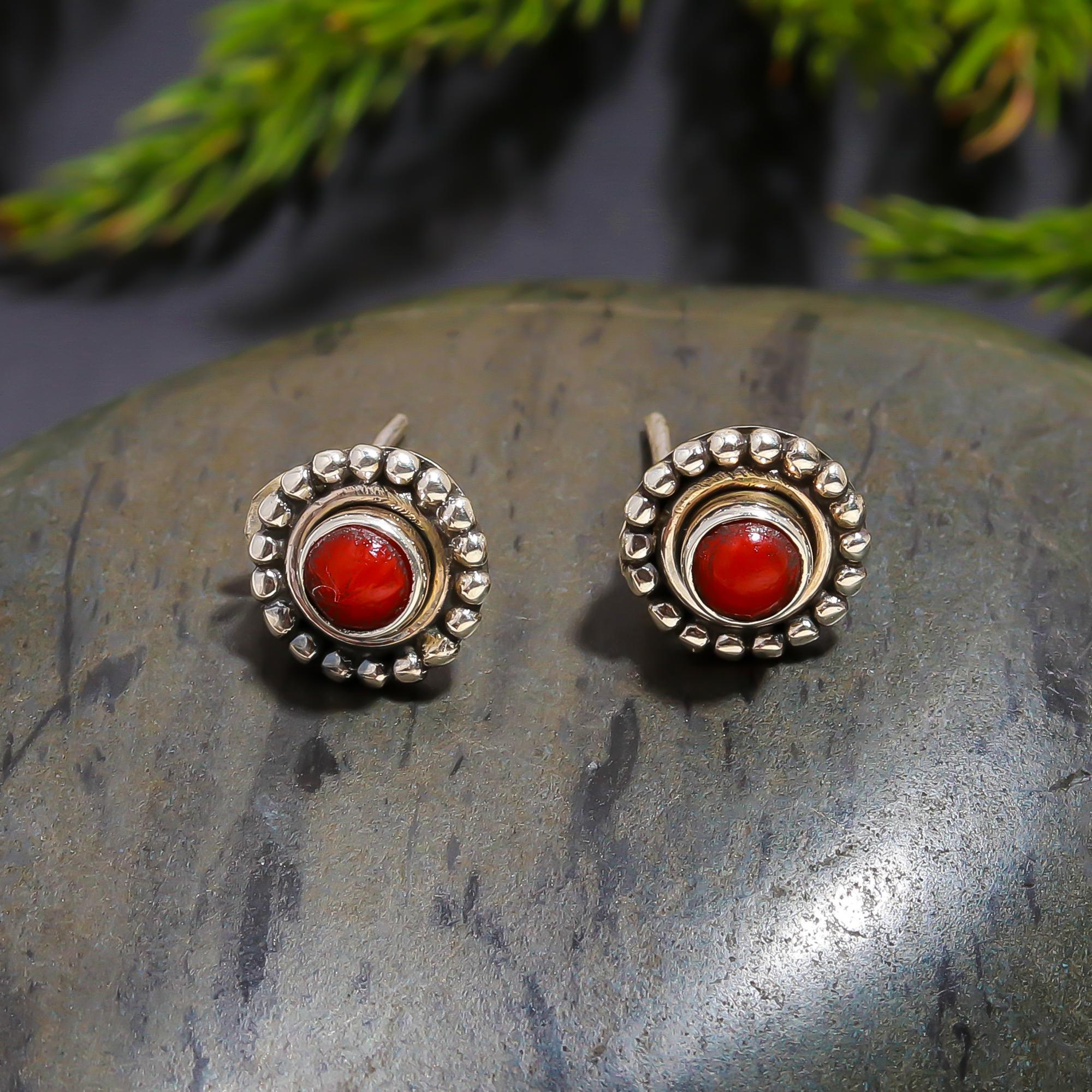 925 Silver Red Coral Beaded Border Stud Earrings