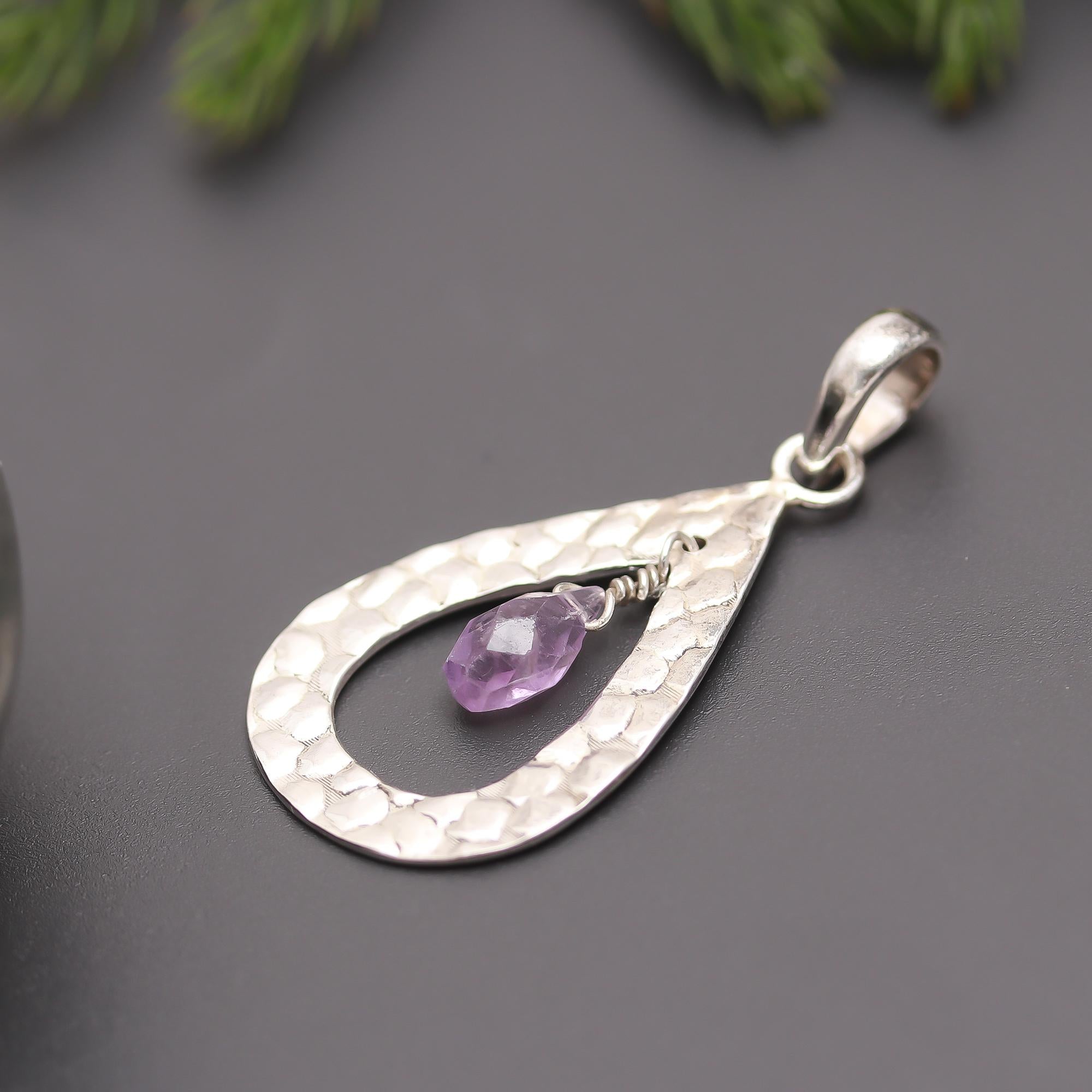 925 Silver Hammered Teardrop Amethyst Drop Pendant