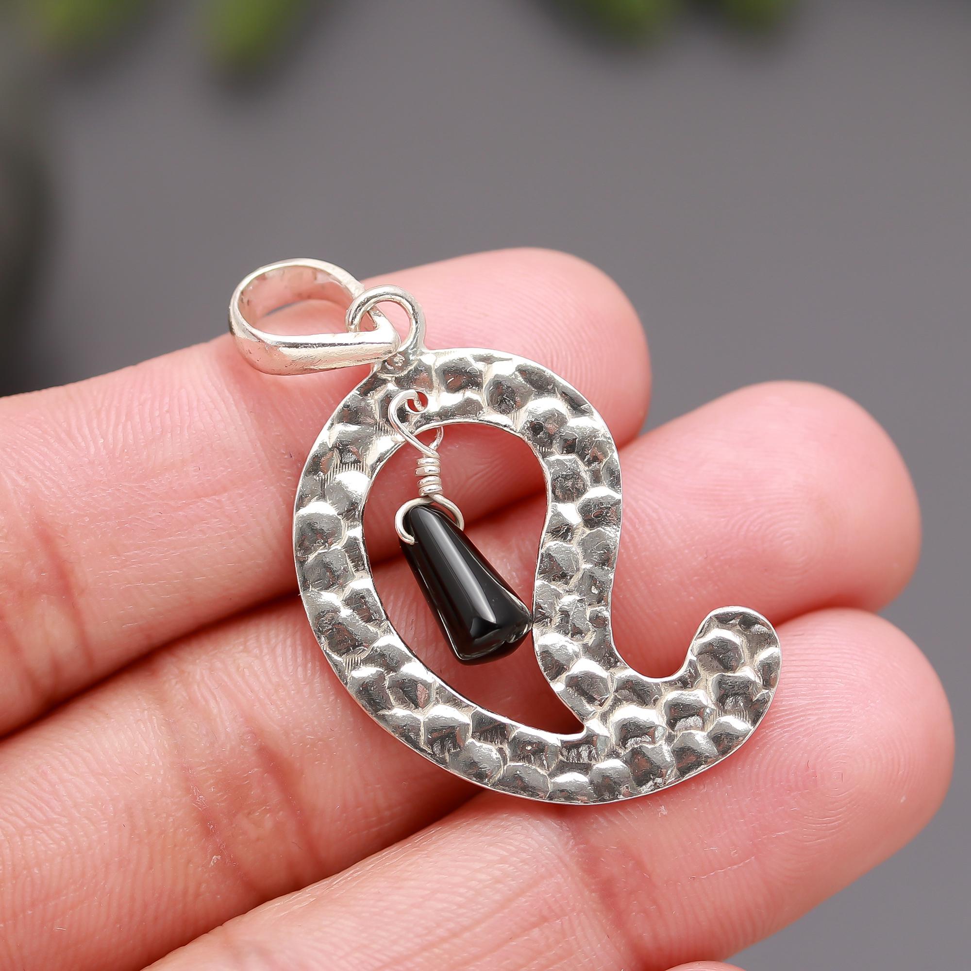 925 Silver Textured Curl Black Onyx Drop Pendant
