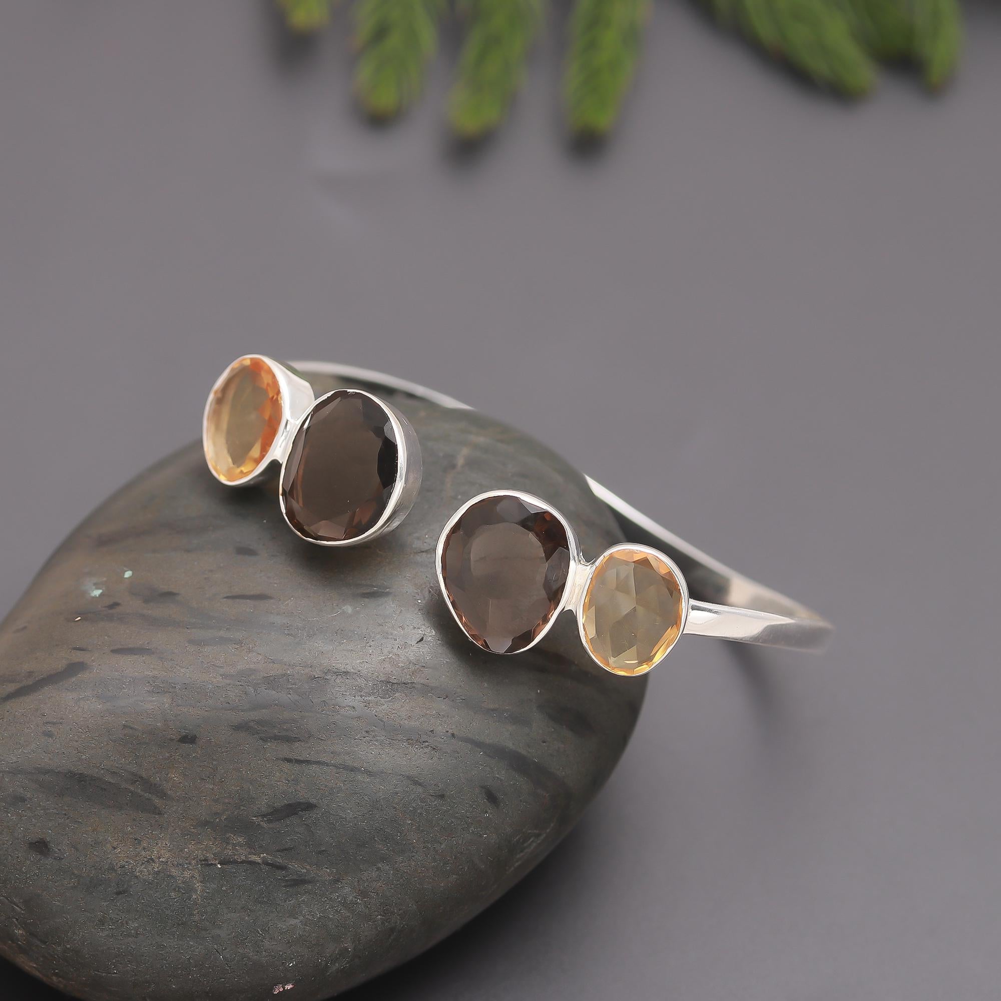 925 Silver Smoky Quartz & Citrine Cuff Bracelet