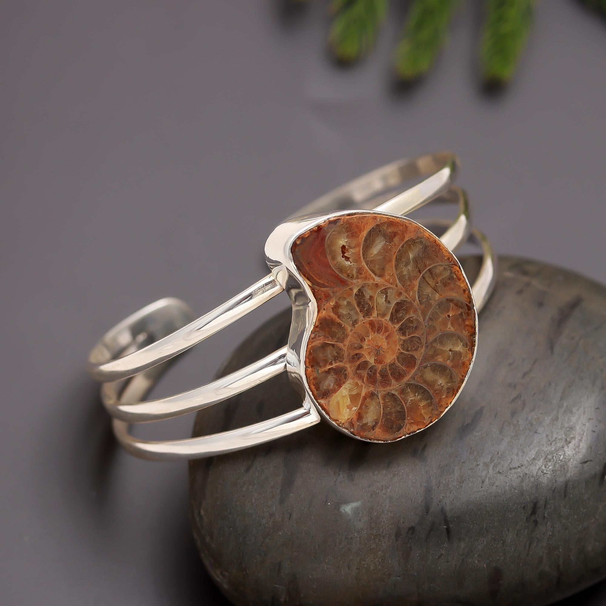 925 Silver Ammonite Fossil Statement Cuff Bracelet