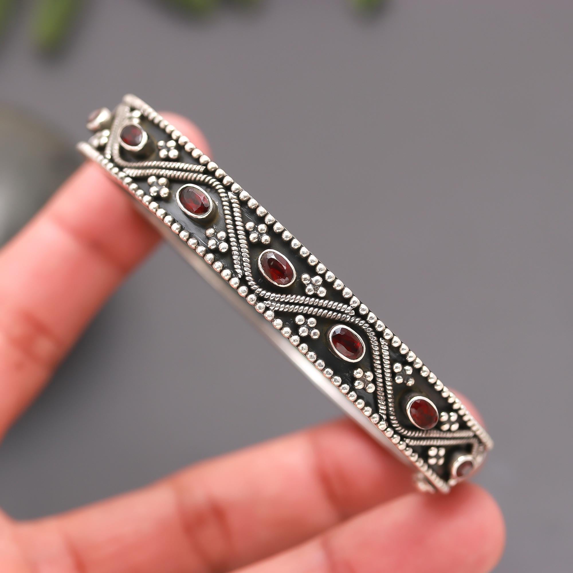 925 Silver Garnet Bangle Bracelet