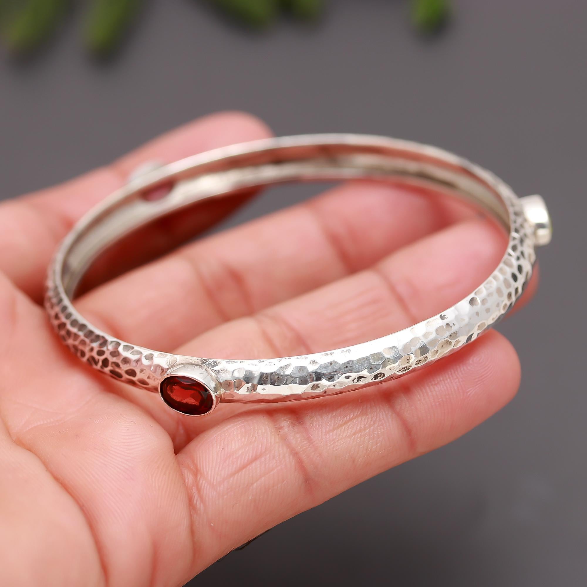 925 Silver Garnet Hammered Bangle