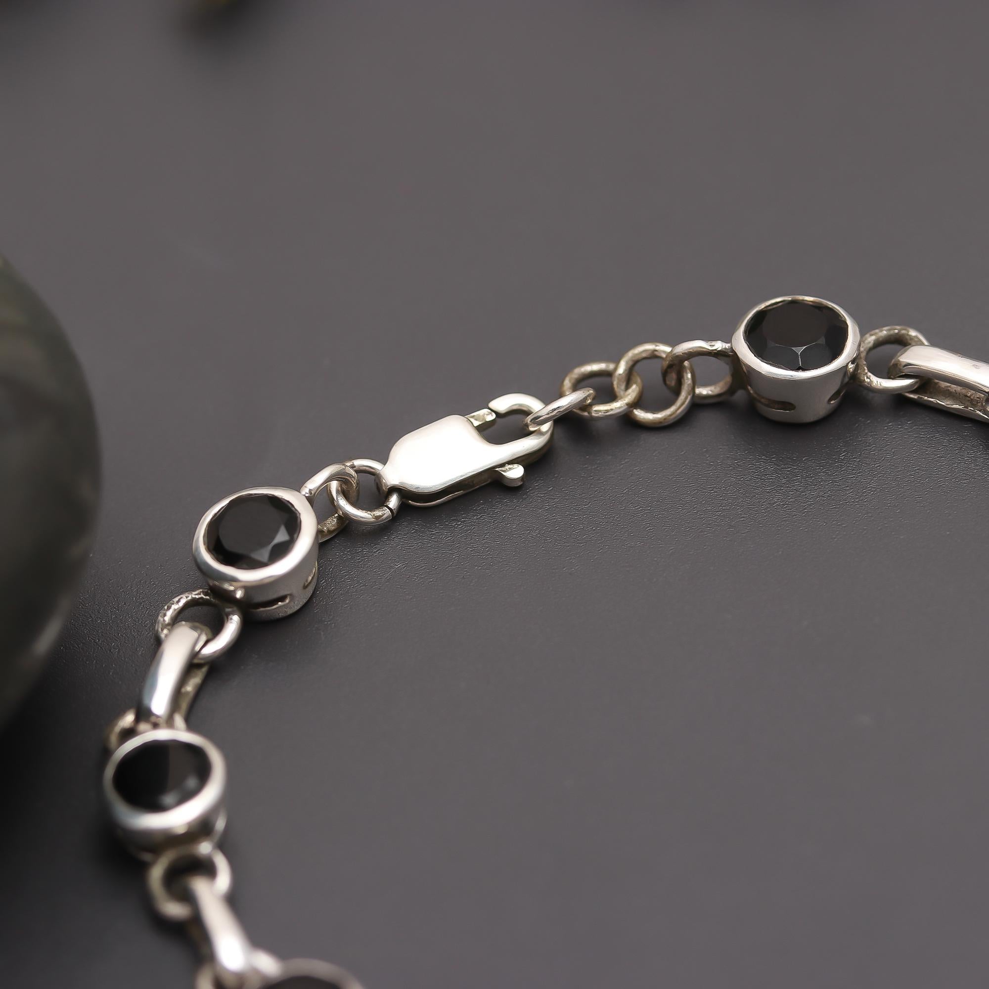 925 Silver Black Onyx Round Link Bracelet