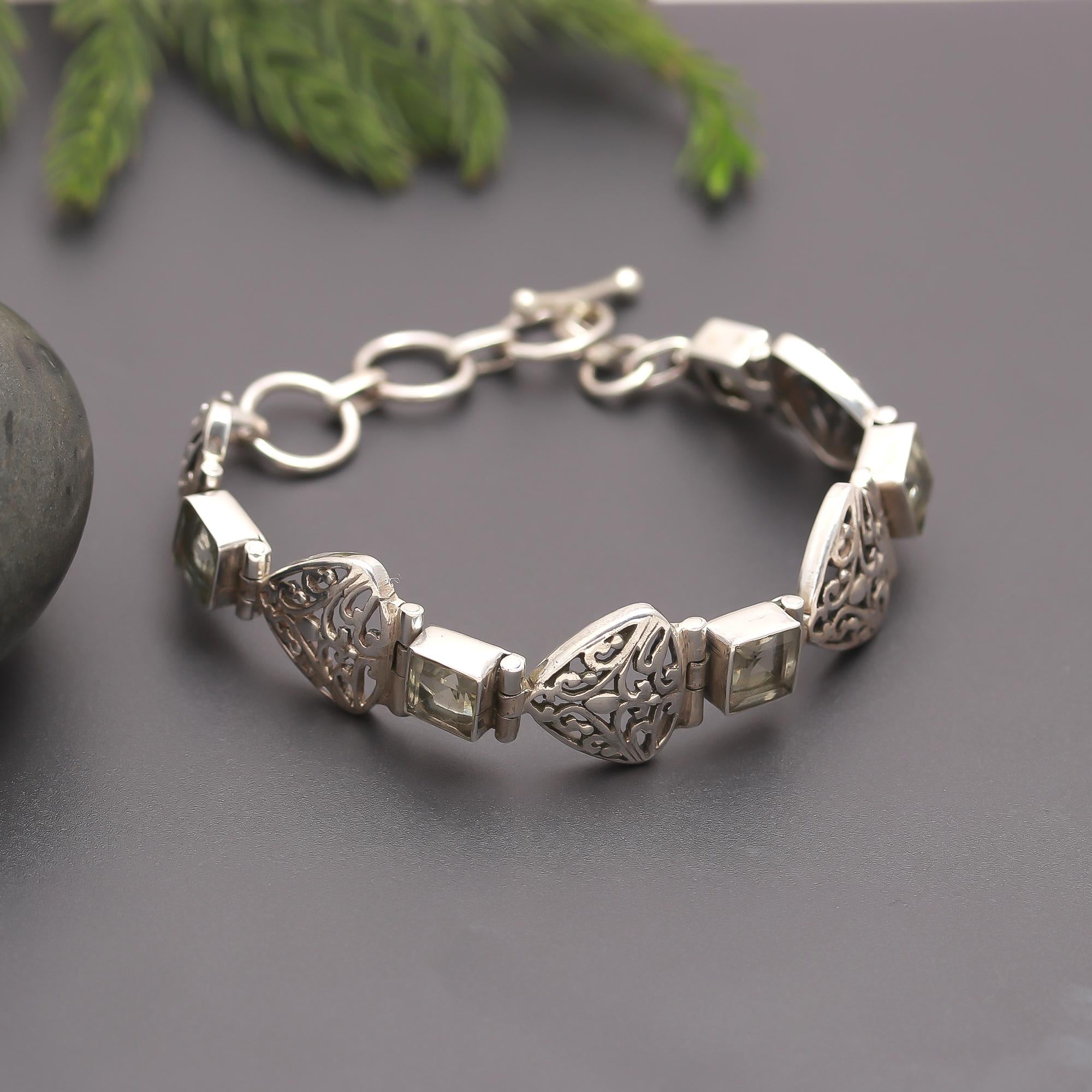 925 Silver Filigree Green Amethyst Bracelet