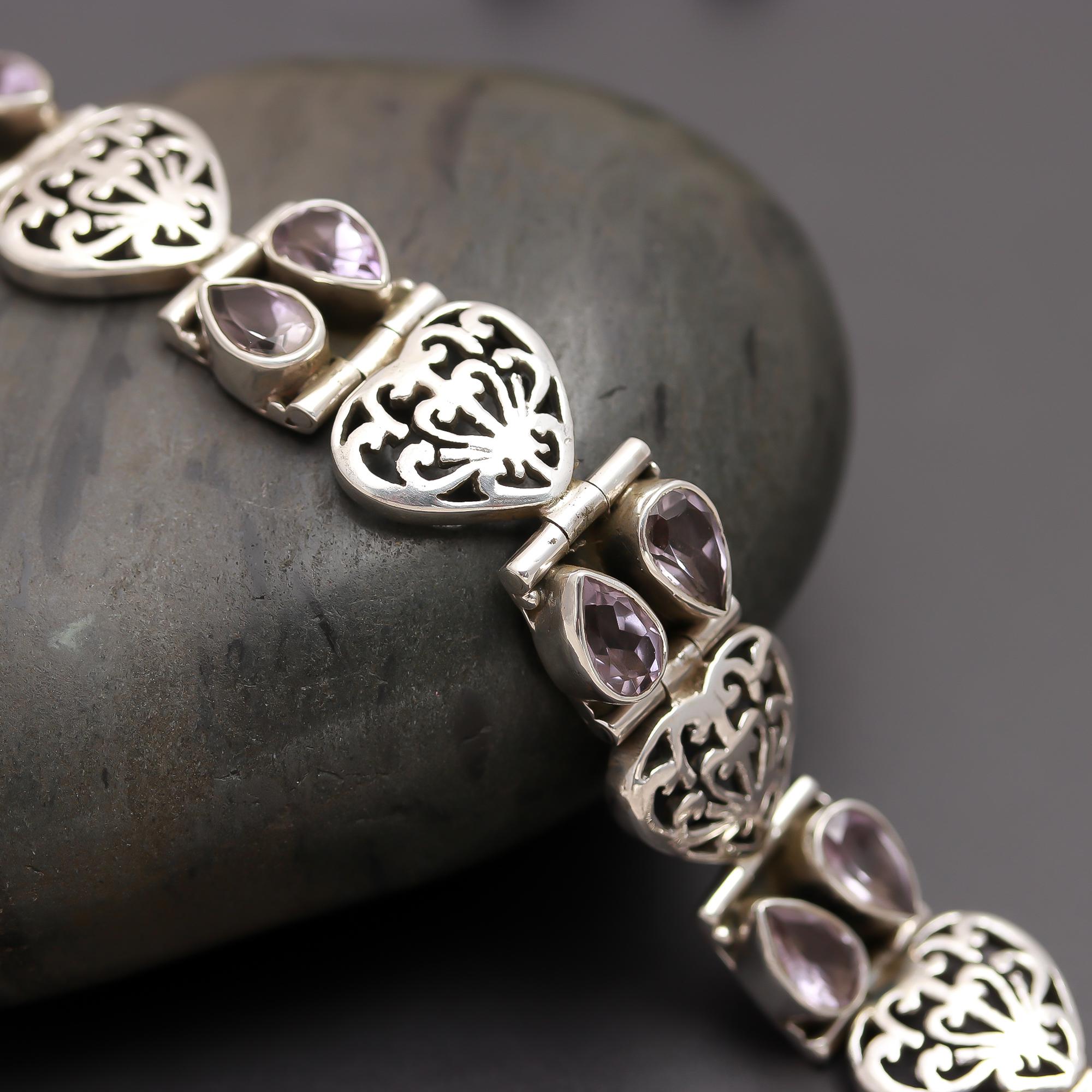 925 Silver Floral Filigree Amethyst Bracelet