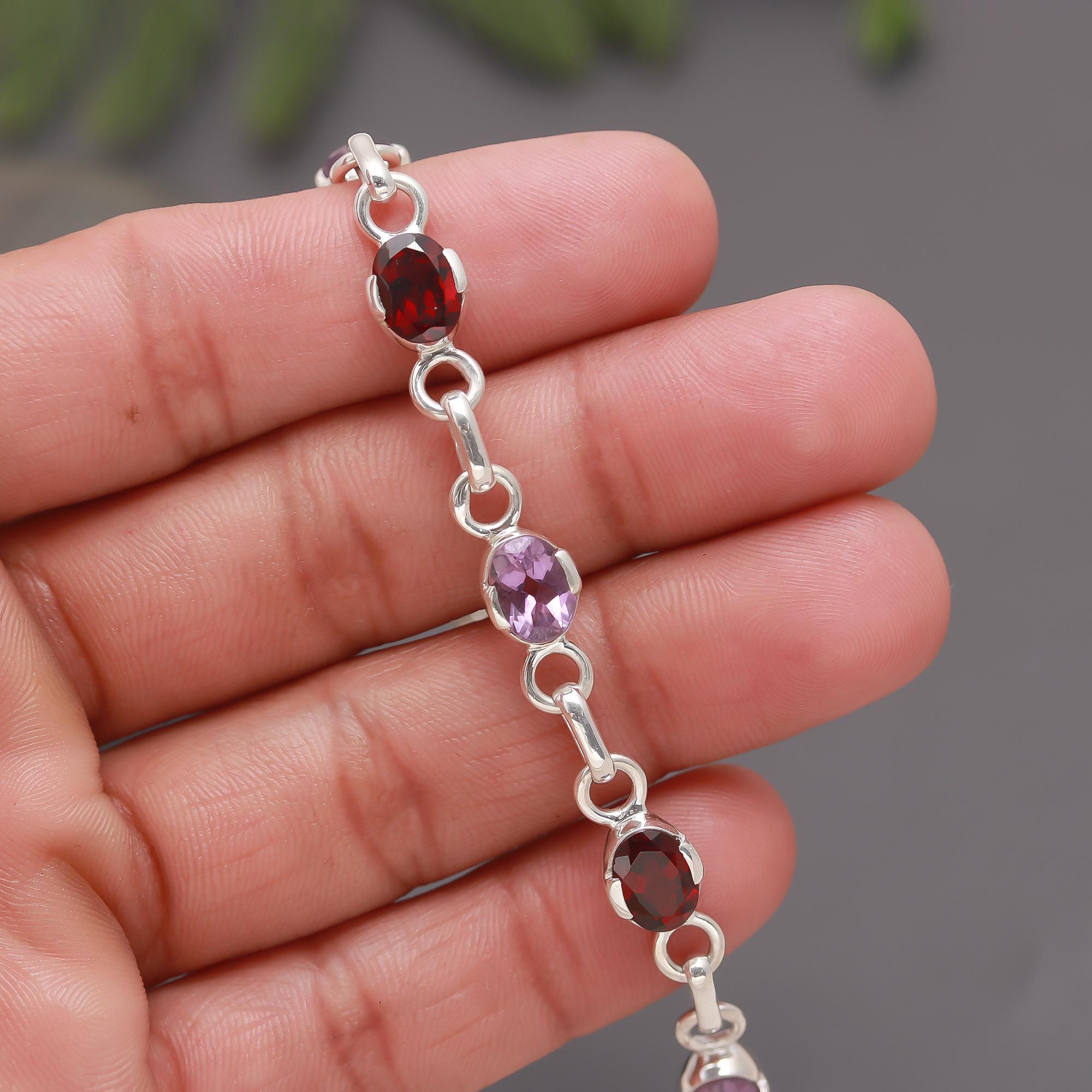 925 Silver Garnet & Amethyst Link Bracelet