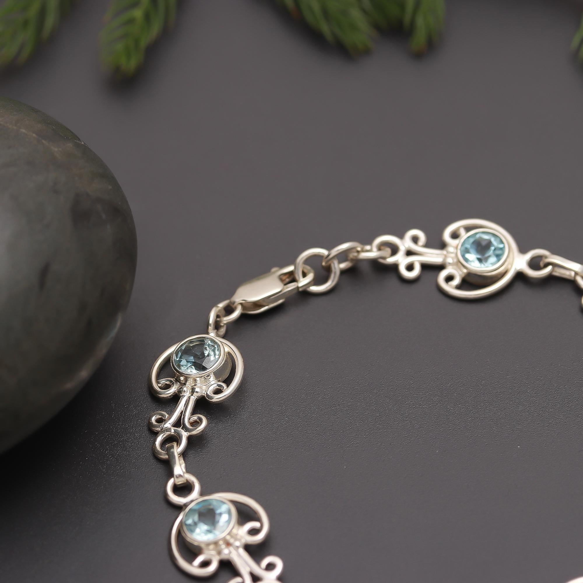 925 Silver Vintage Scroll Blue Topaz Bracelet