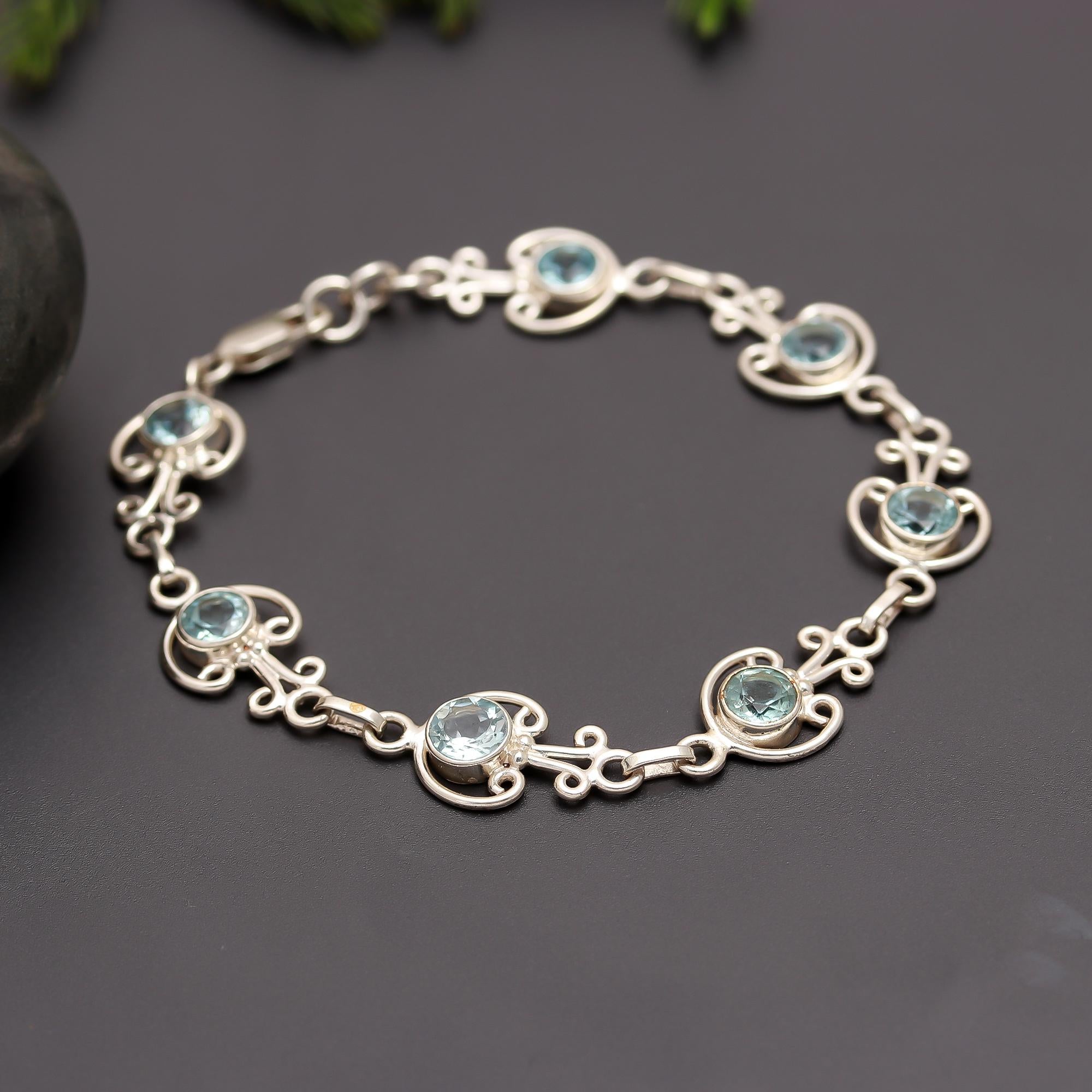 925 Silver Vintage Scroll Blue Topaz Bracelet