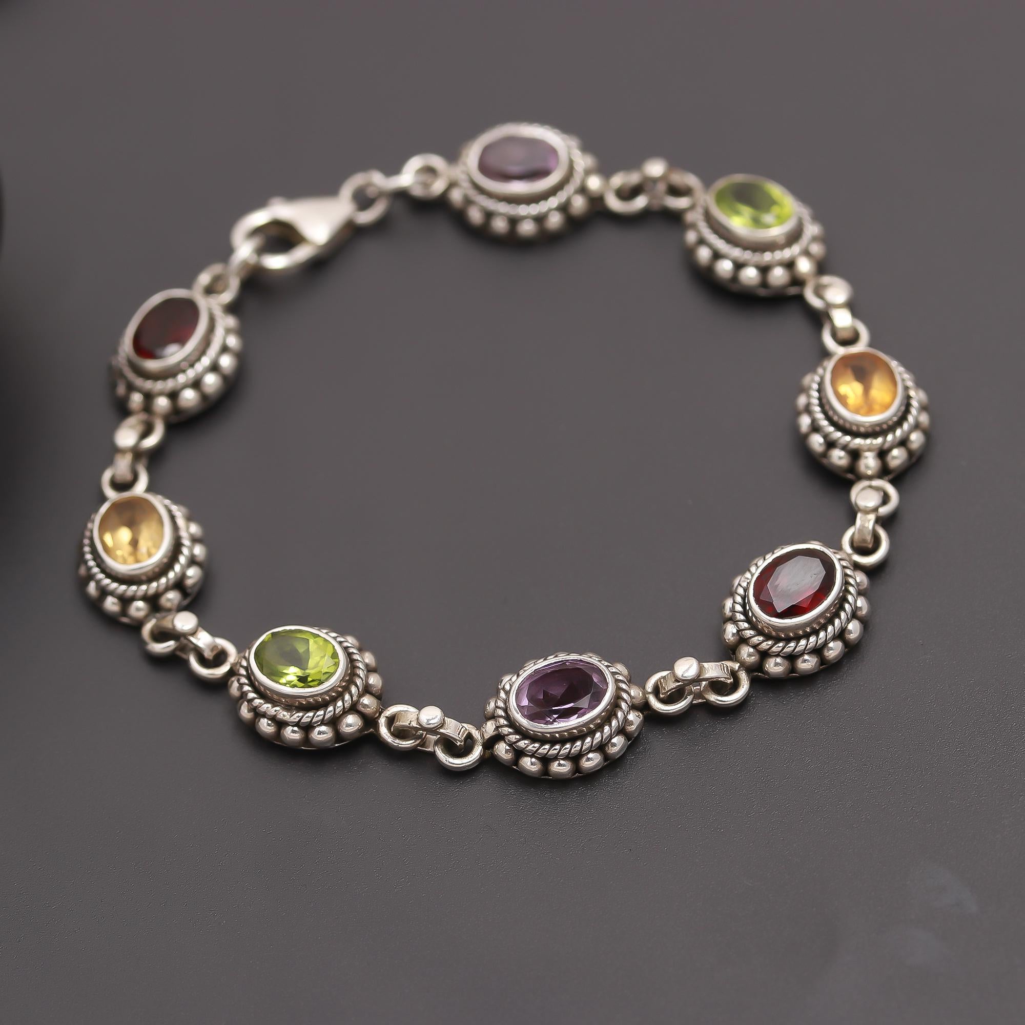 925 Silver Multi-Gem Oval Link Bracelet