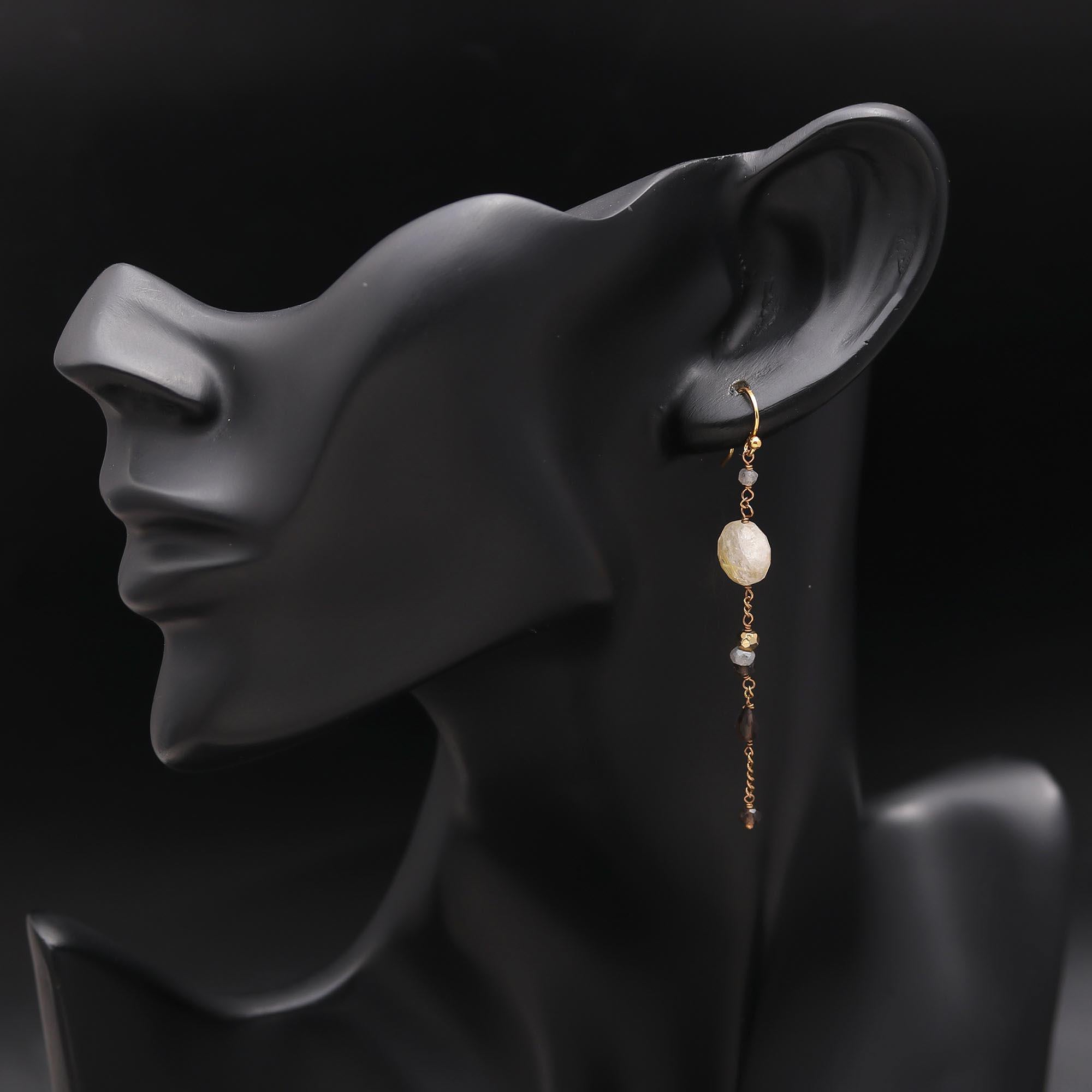 The Golden Rutile Threads: Rutilated Quartz & Smoky Drop Earrings