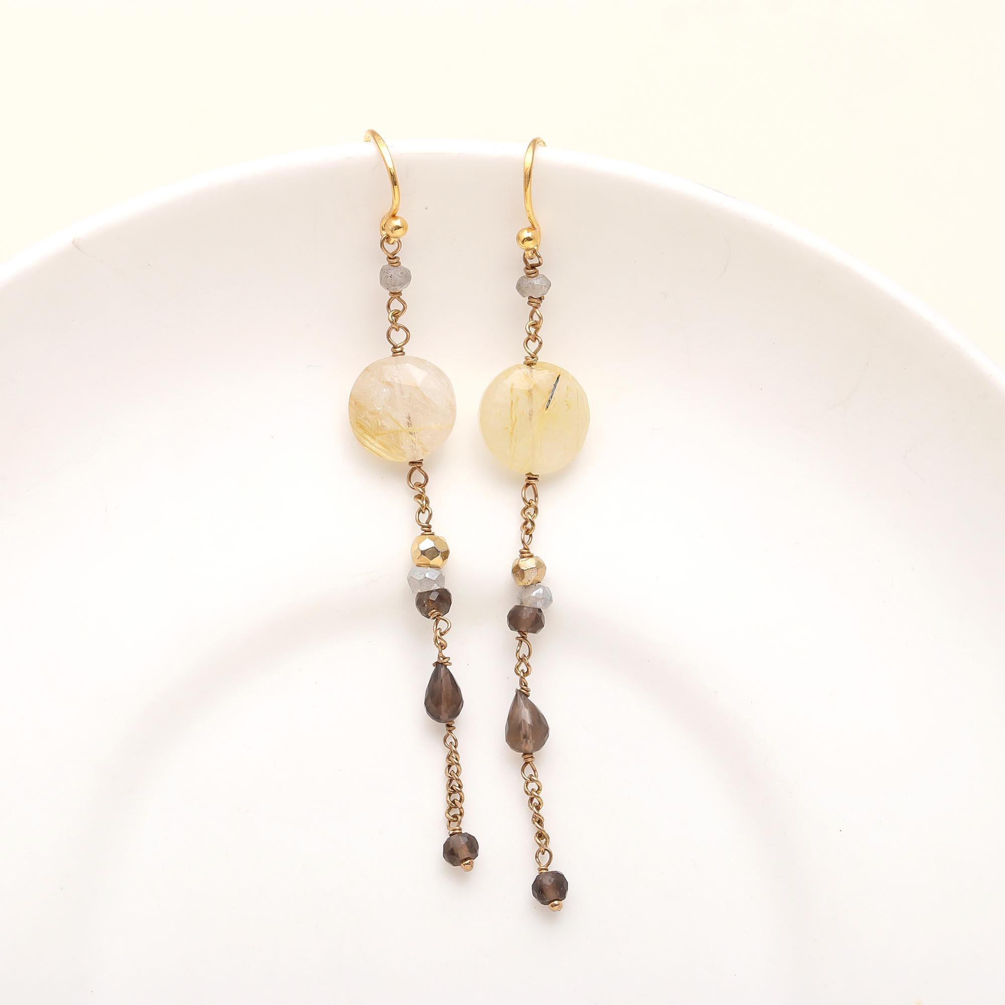 The Golden Rutile Threads: Rutilated Quartz & Smoky Drop Earrings