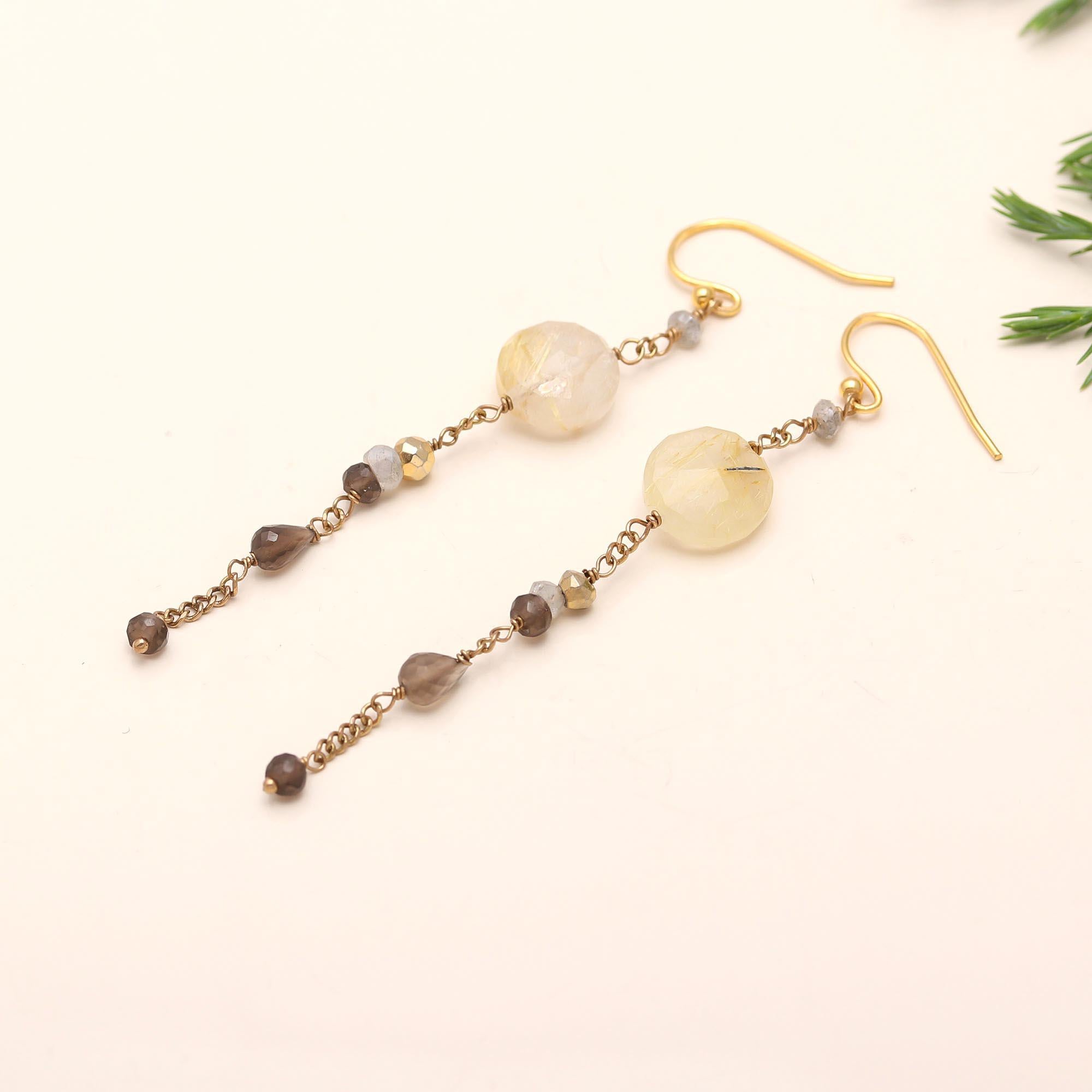 The Golden Rutile Threads: Rutilated Quartz & Smoky Drop Earrings