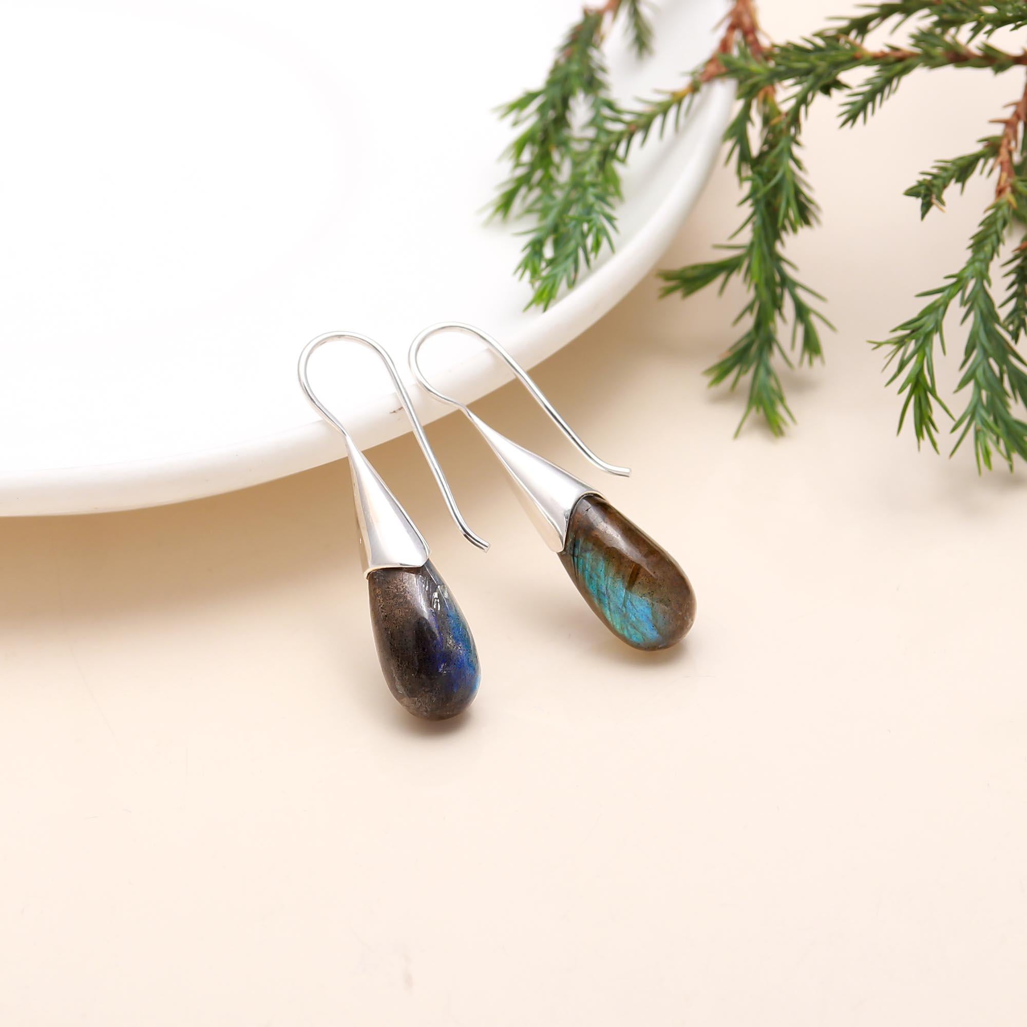 Handmade 925 Sterling Silver Labradorite Teardrop Dangle Earrings