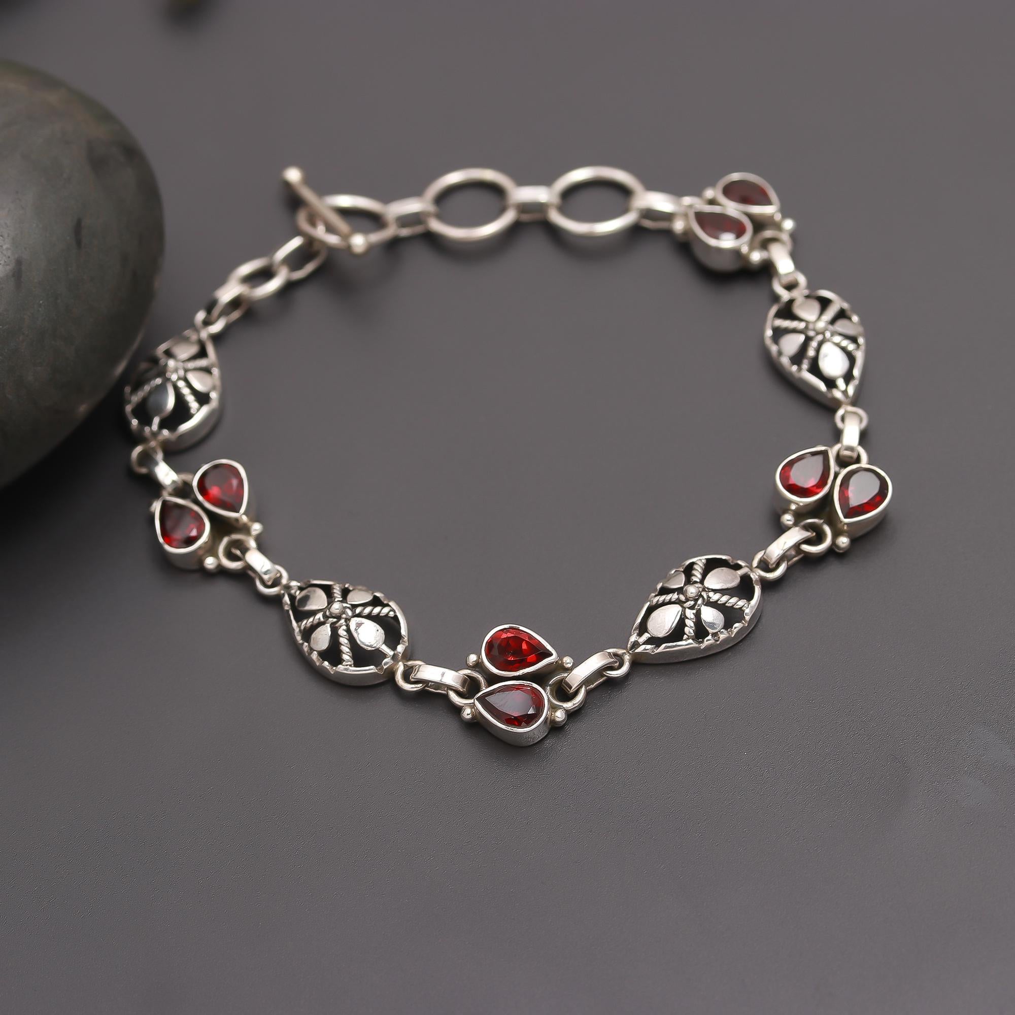 925 Silver Teardrop Garnet Link Bracelet
